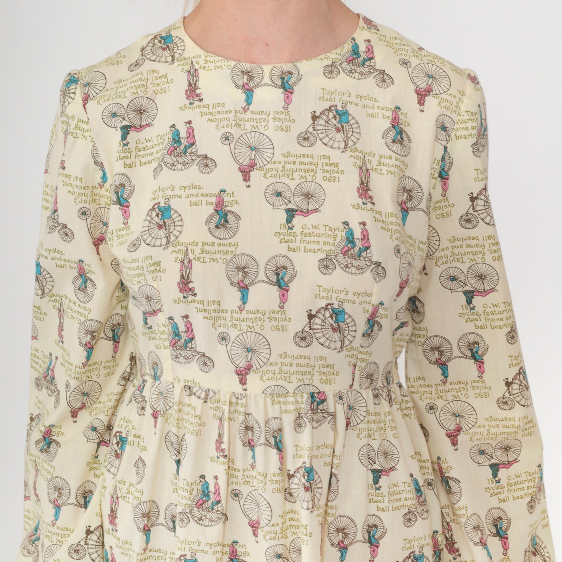 70s Mini Dress Antique Bicycle Print High Waist Long Sleeve Extra Small