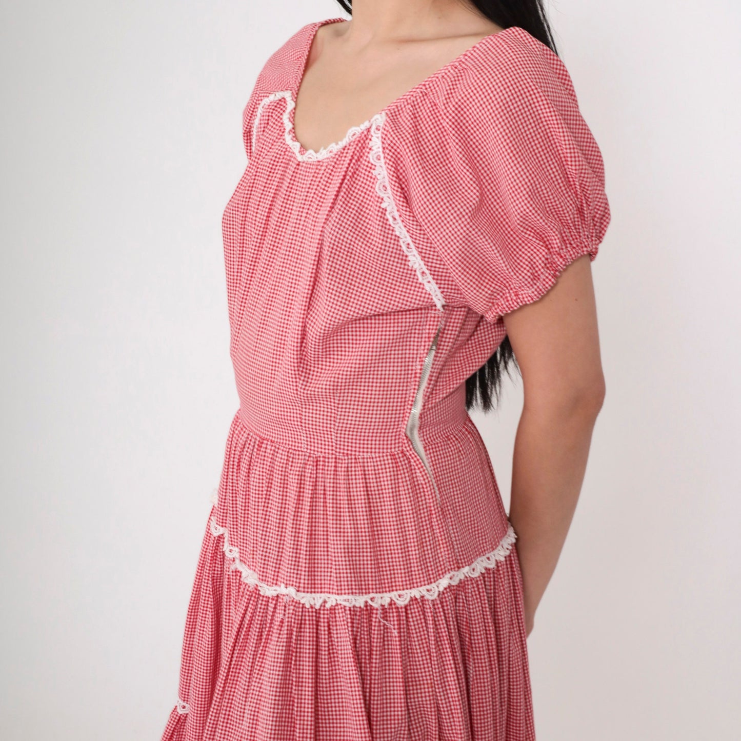 60s Red Gingham Prairie Dress Puff Sleeve Tiered Skirt High Waisted Small