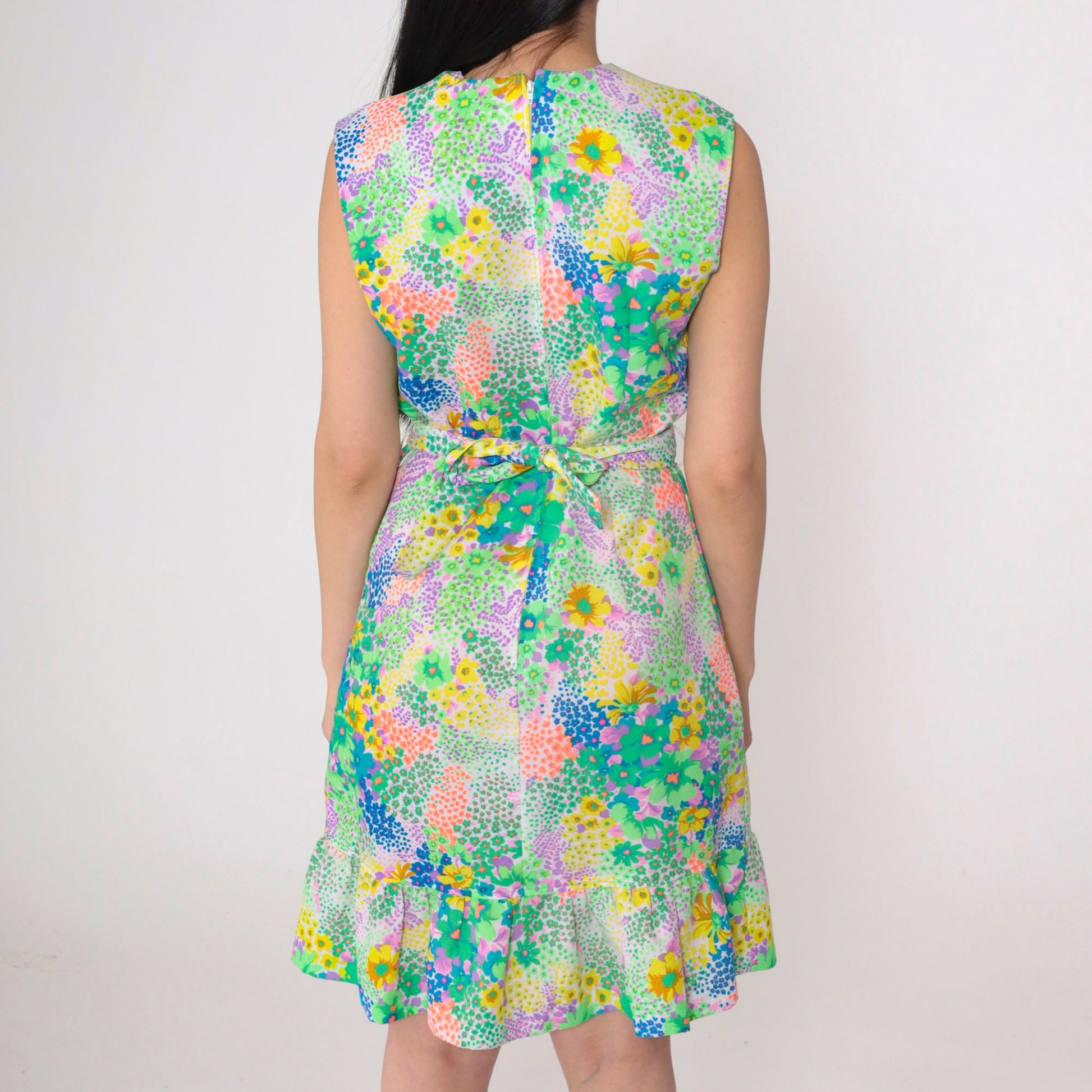 70s Liberty Circle Floral Mini Dress Sleeveless High Waist Small