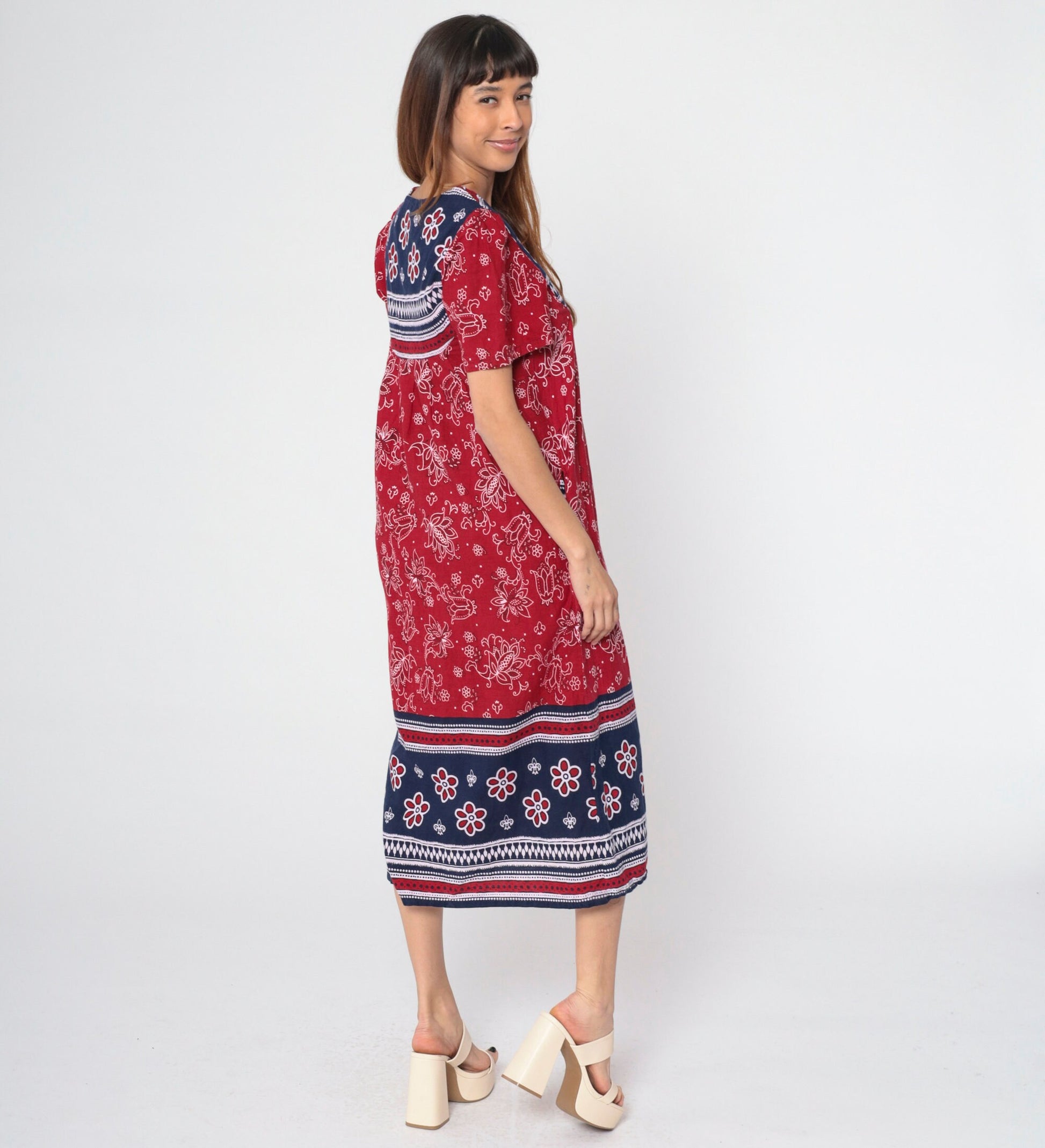 90s Red Floral Handkerchief Print Cotton Midi Dress Puff Sleeve Small