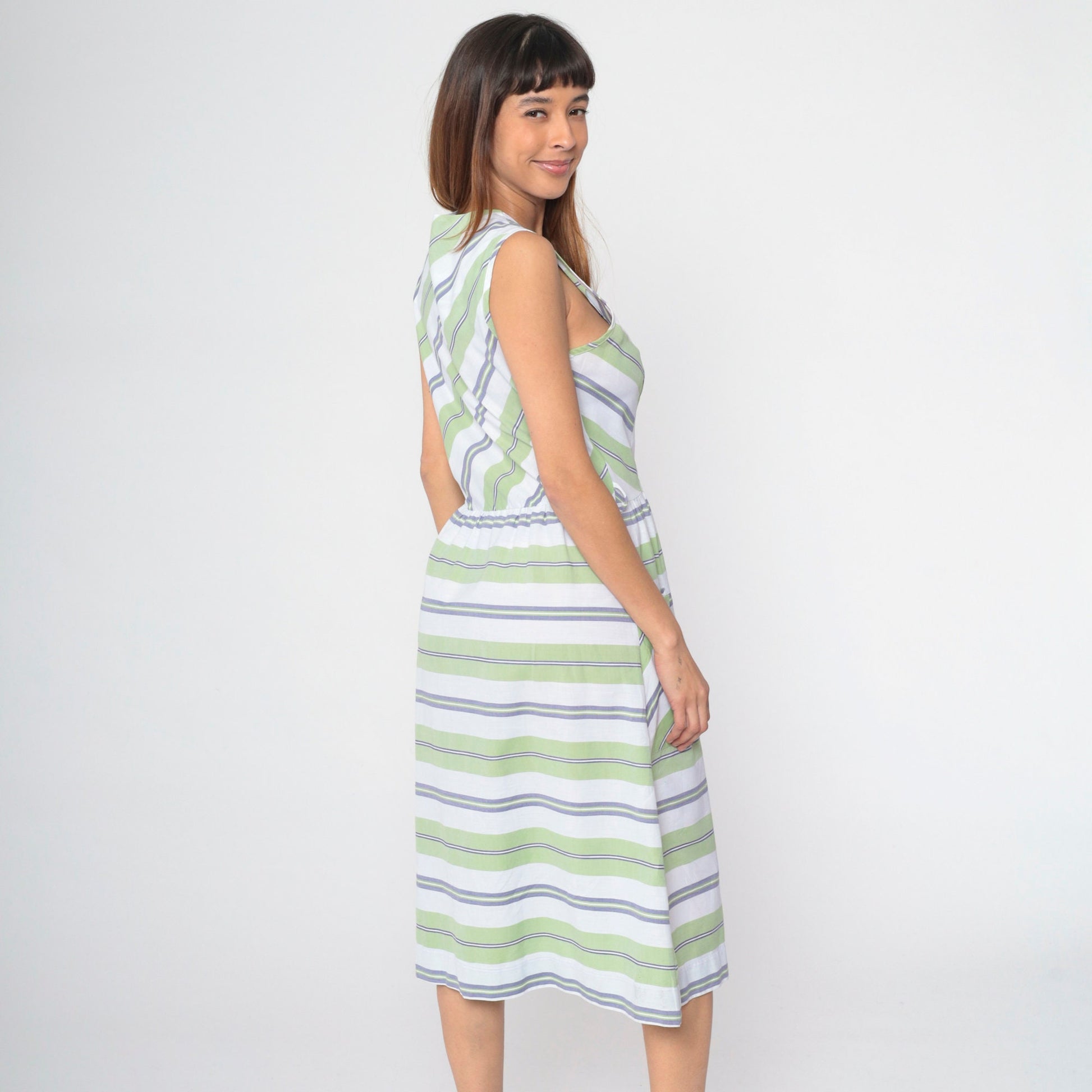 70s Mod Shift Dress Green White Chevron Striped Midi Front Zip Small Medium