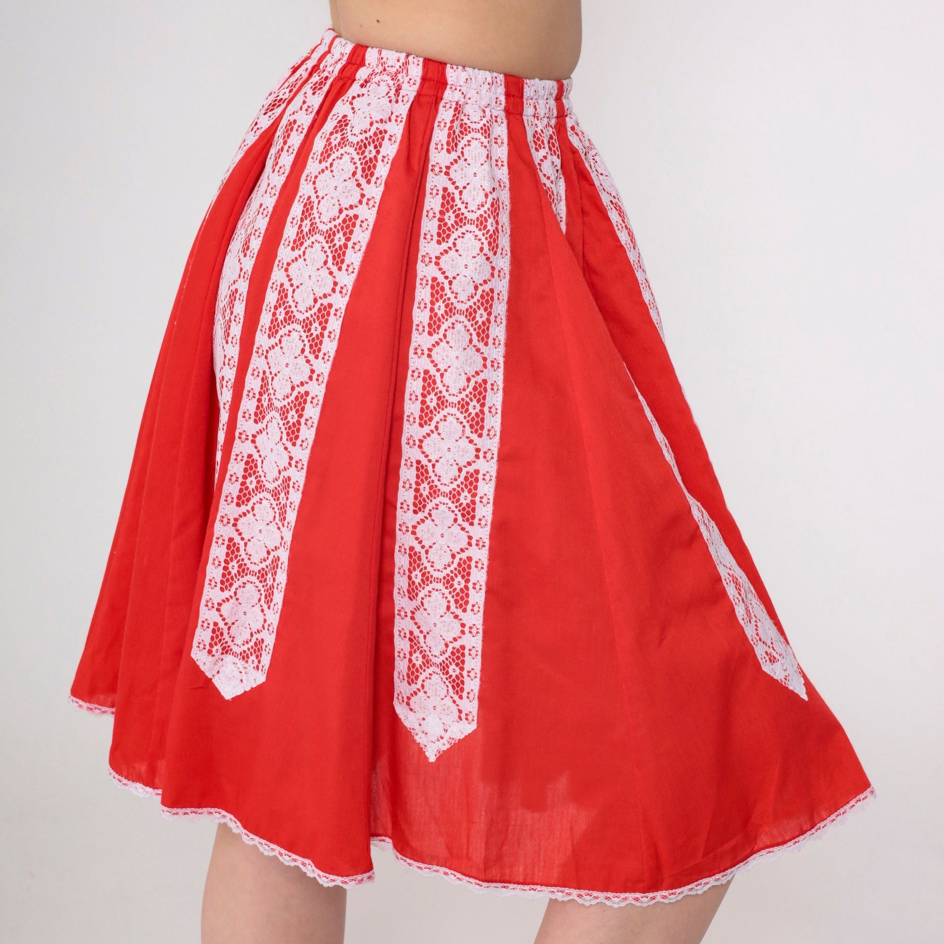80s Red Lace Trim Mini Skirt White Floral High Waist Extra Small