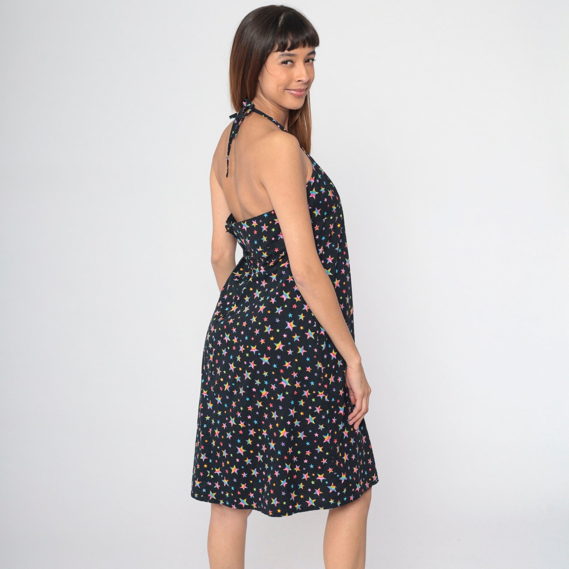 Y2K Black Rainbow Star Print Halter Midi Dress Empire Waist Sleeveless Medium