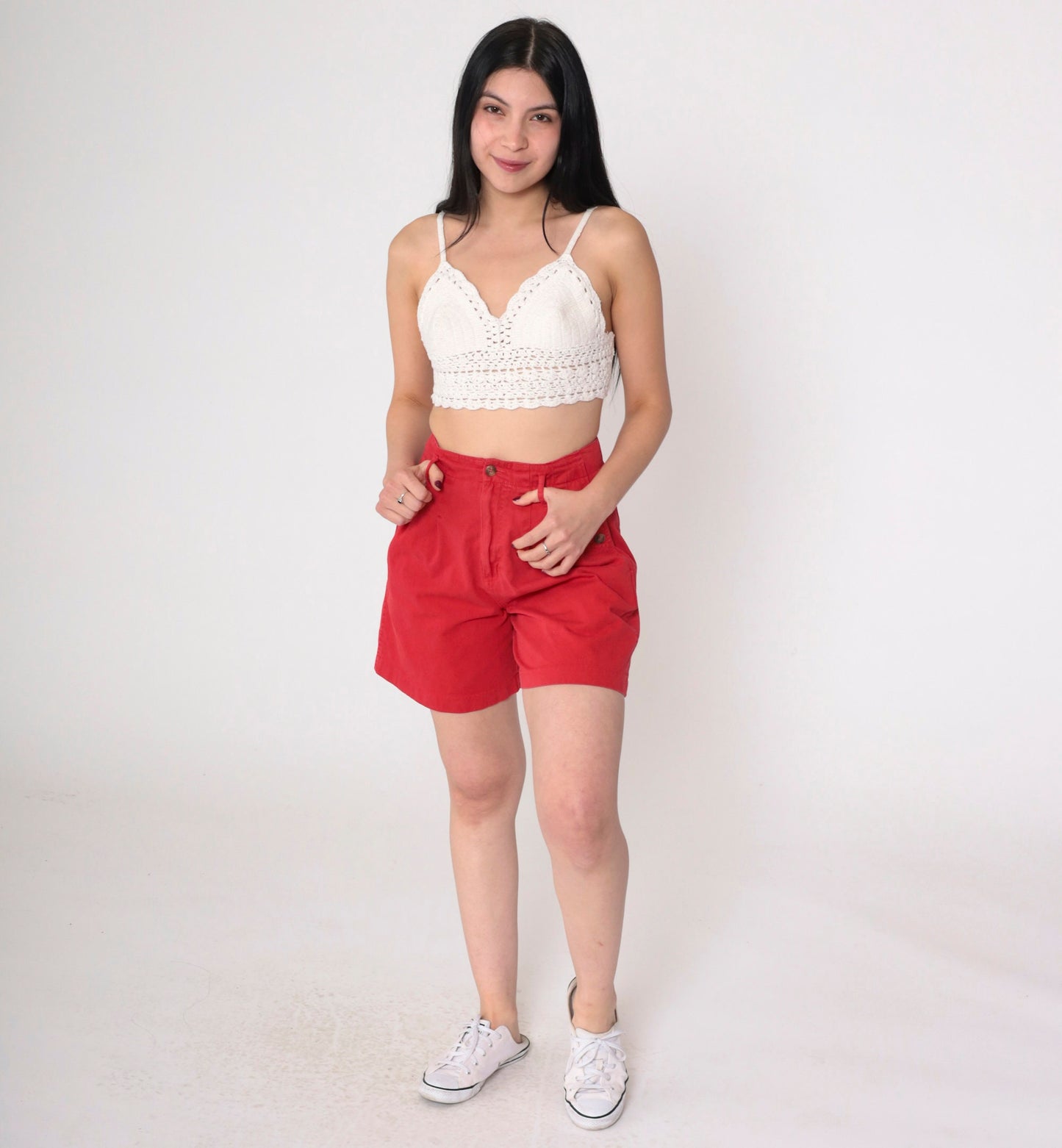 90s Red Pleated High-Waist Shorts Cotton Small