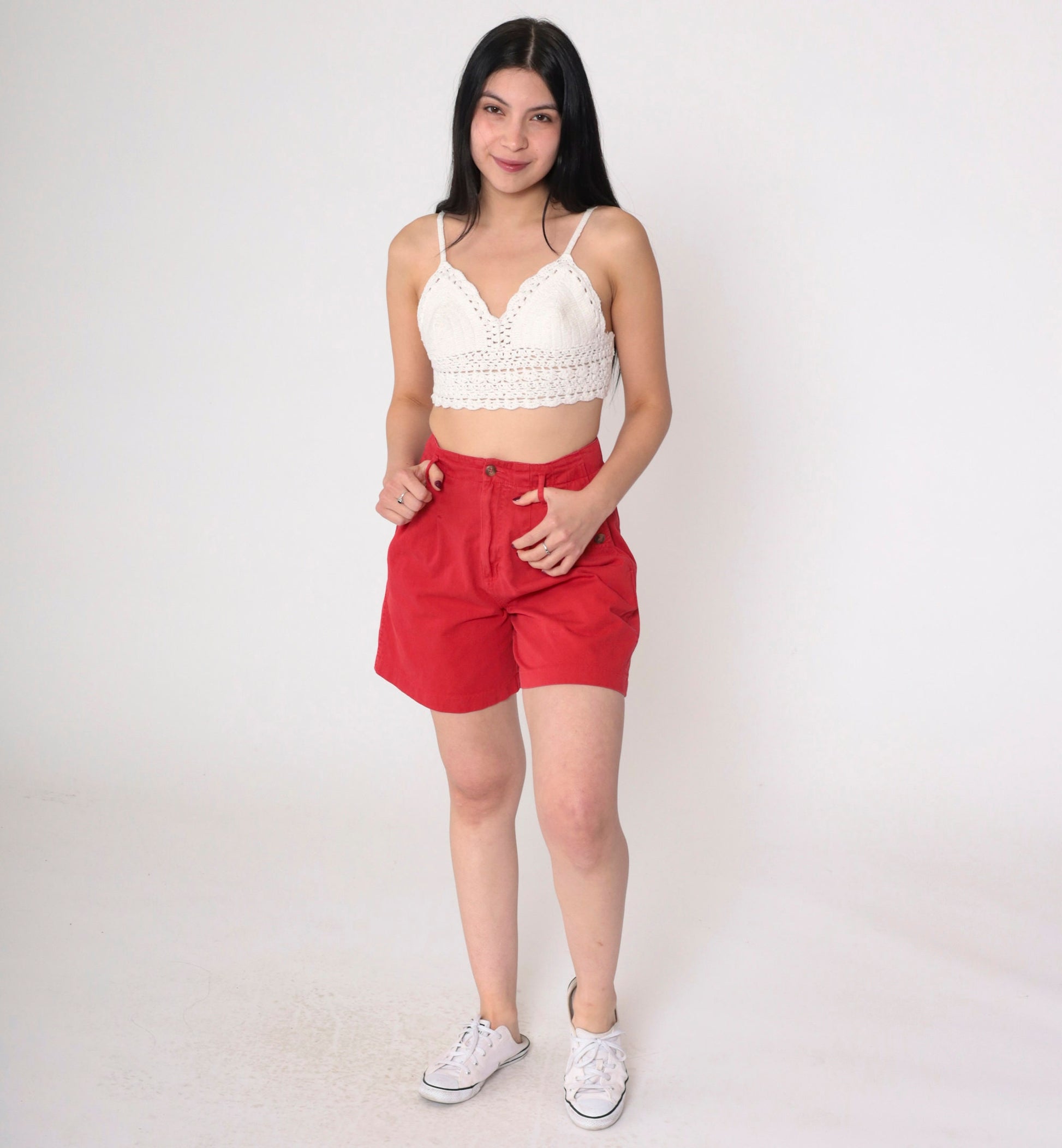 90s Red Pleated High-Waist Shorts Cotton Small