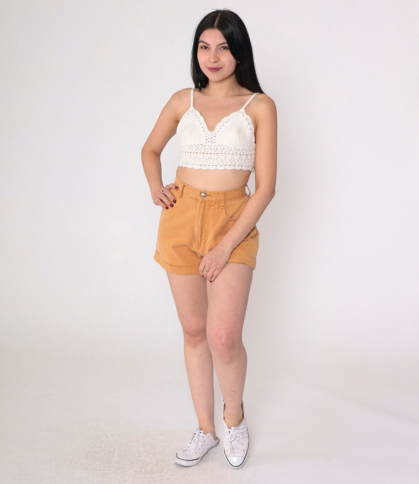 90s Tan Denim Shorts High Waist Cuffed Cotton Jean Shorts Small S