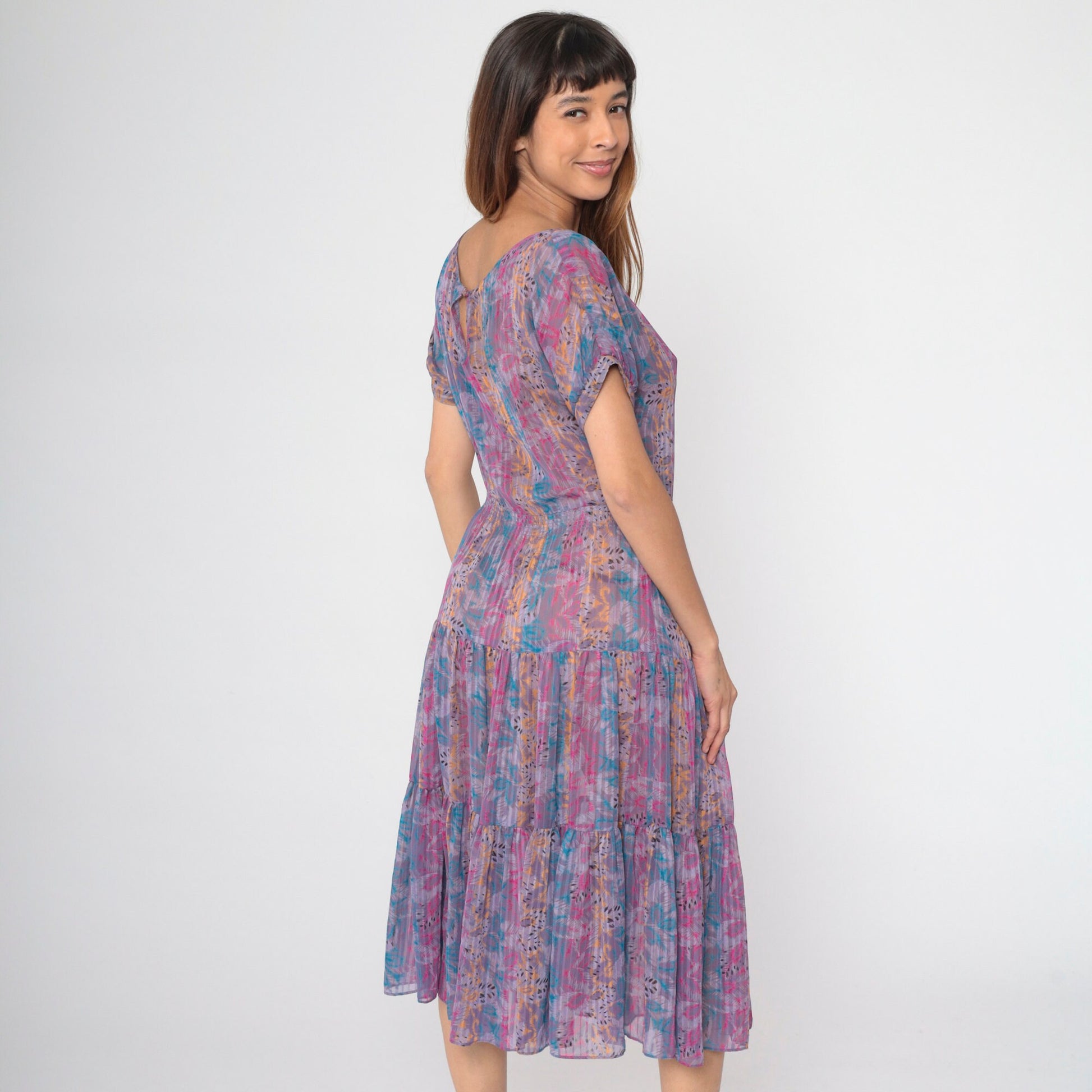 80s Floral Abstract Striped Midi Dress Drop Waist Tiered Short Sleeve Purple Small
