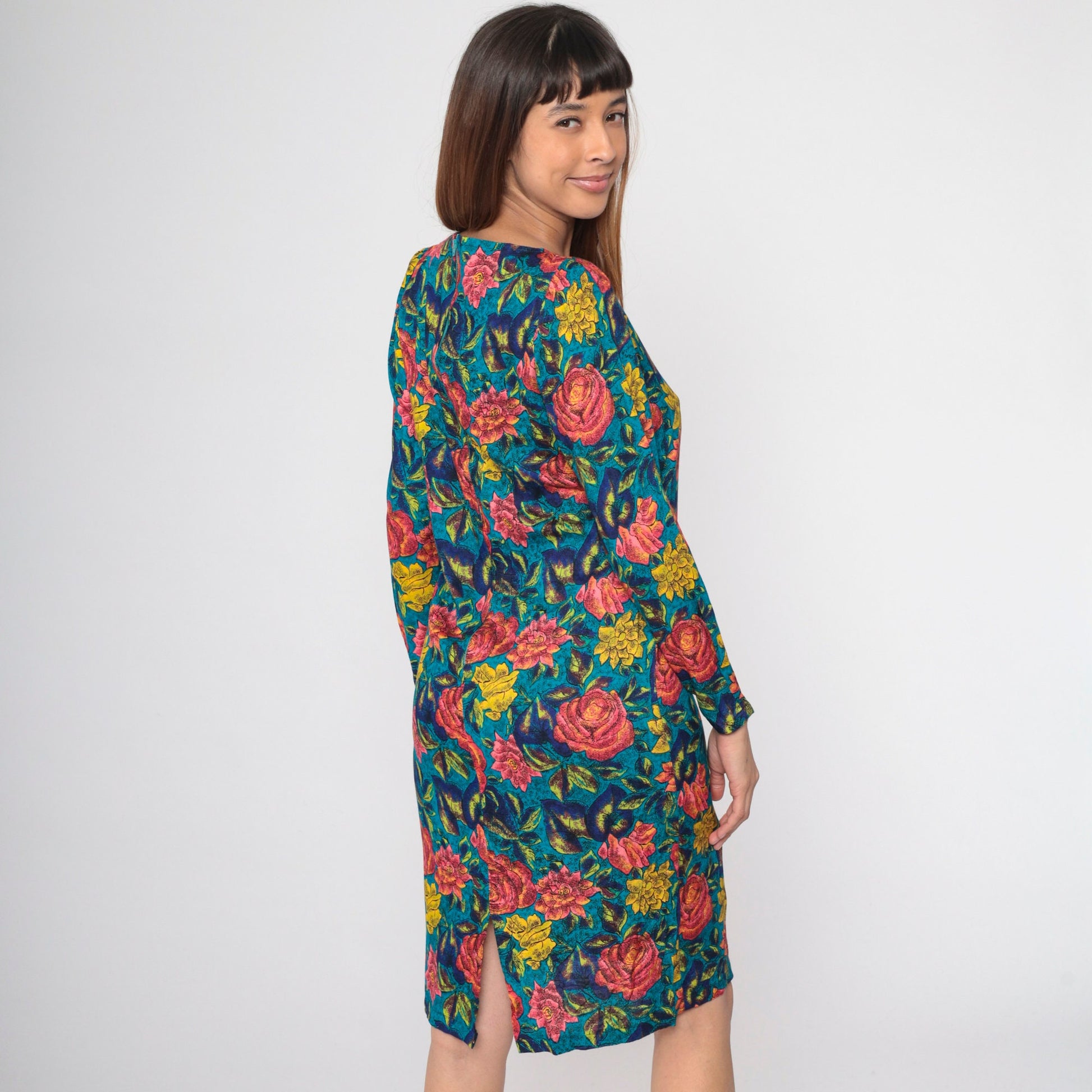 80s Floral Rose Print Midi Dress Puff Sleeve Sheath Pink Blue Small