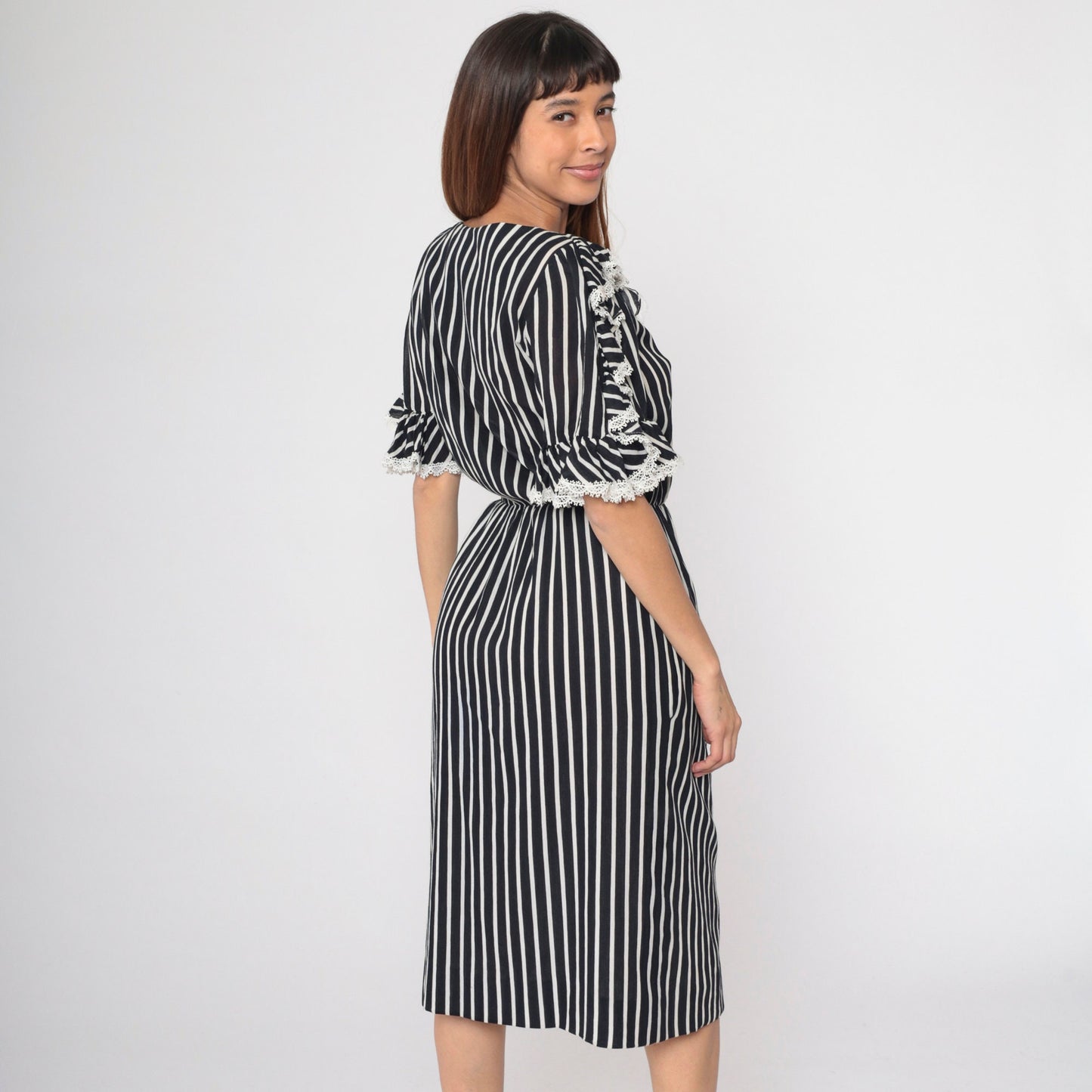 70s Mollie Parnis Black White Striped Midi Dress Button Up Lace Ruffle Small
