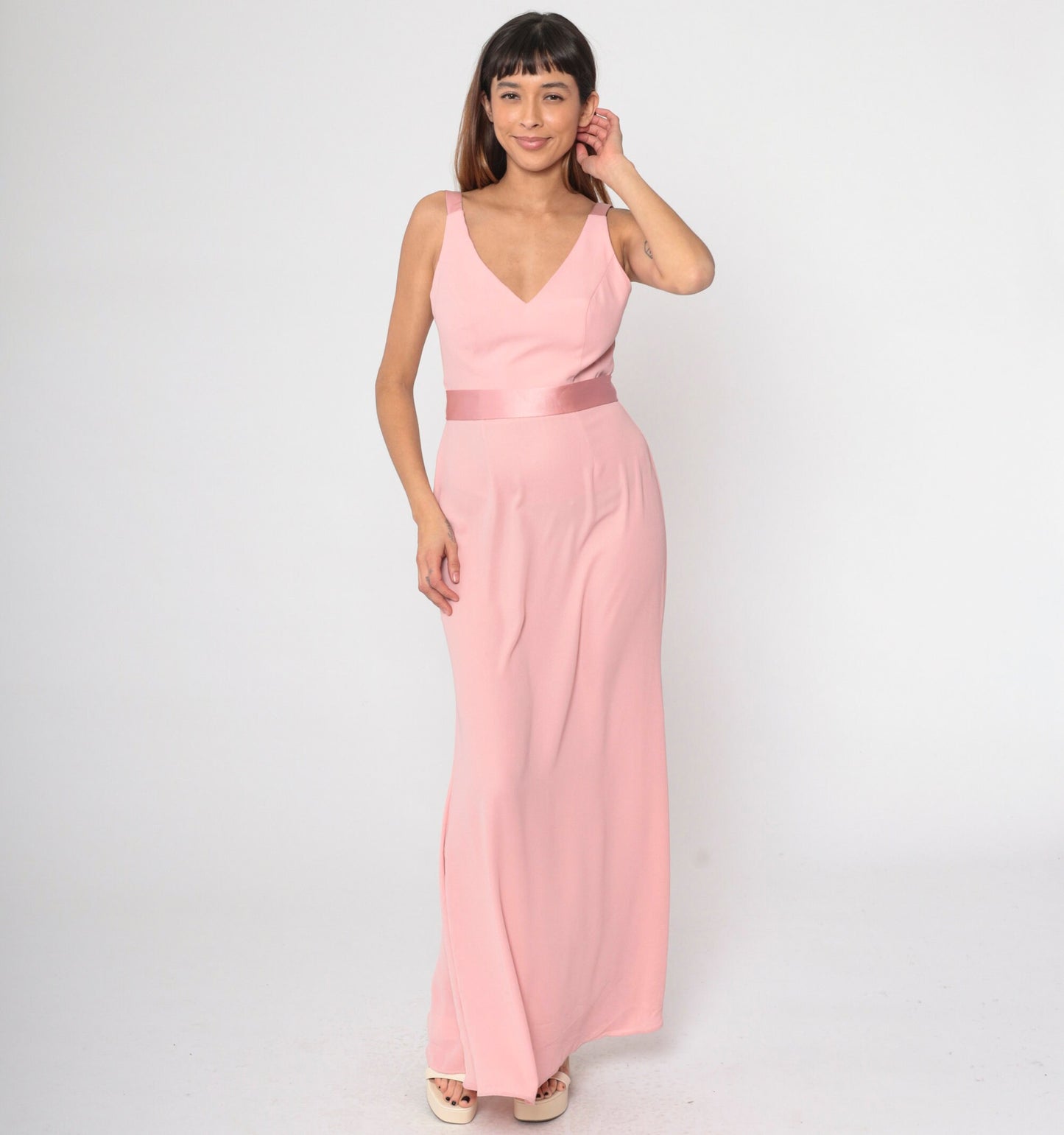 90s Vera Wang Baby Pink Maxi Dress Sleeveless V-Neck Open Back Small 6