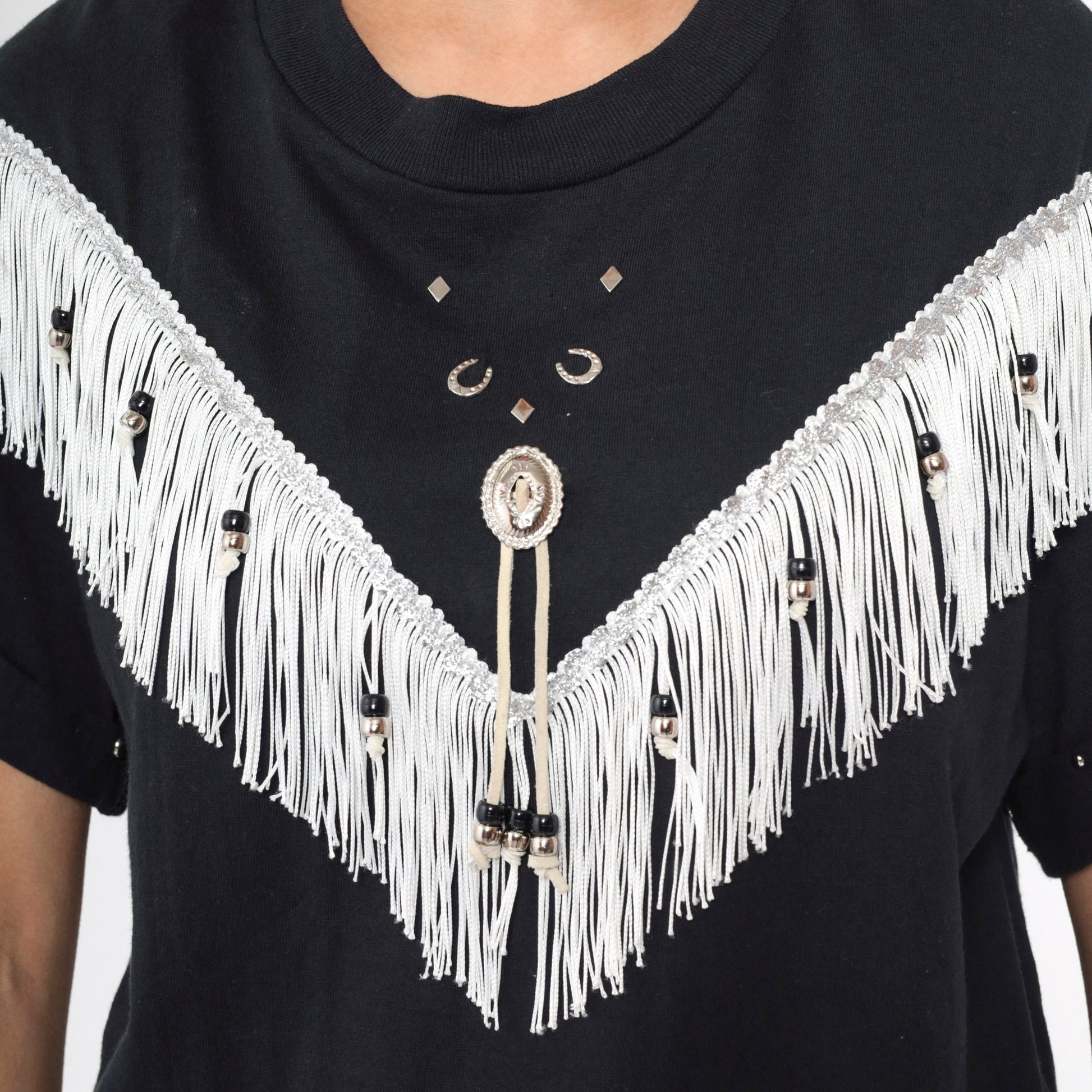 90s Southwest Fringe T-Shirt Black Studded Horseshoe Concho Cotton Medium