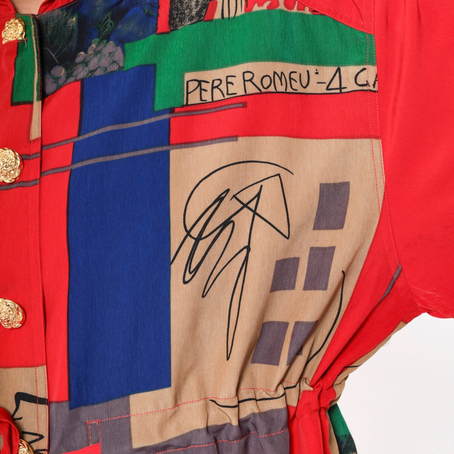 90s Picasso Barcelona Art Hooded Jacket Red Button-Up Drawstring Waist Large L