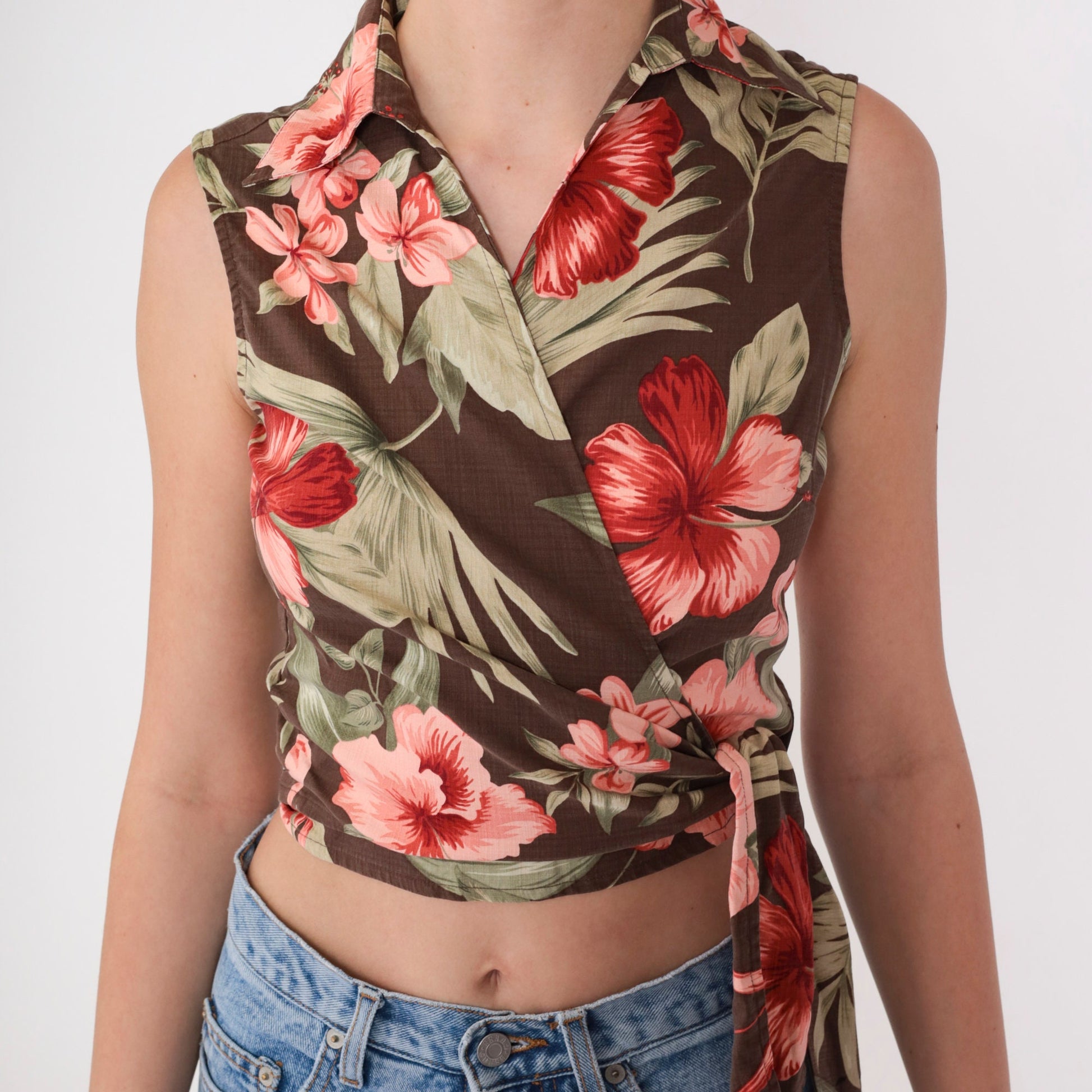 90s Tommy Bahama Tropical Silk Crop Top Brown Hibiscus Wrap Tie Waist Extra Small