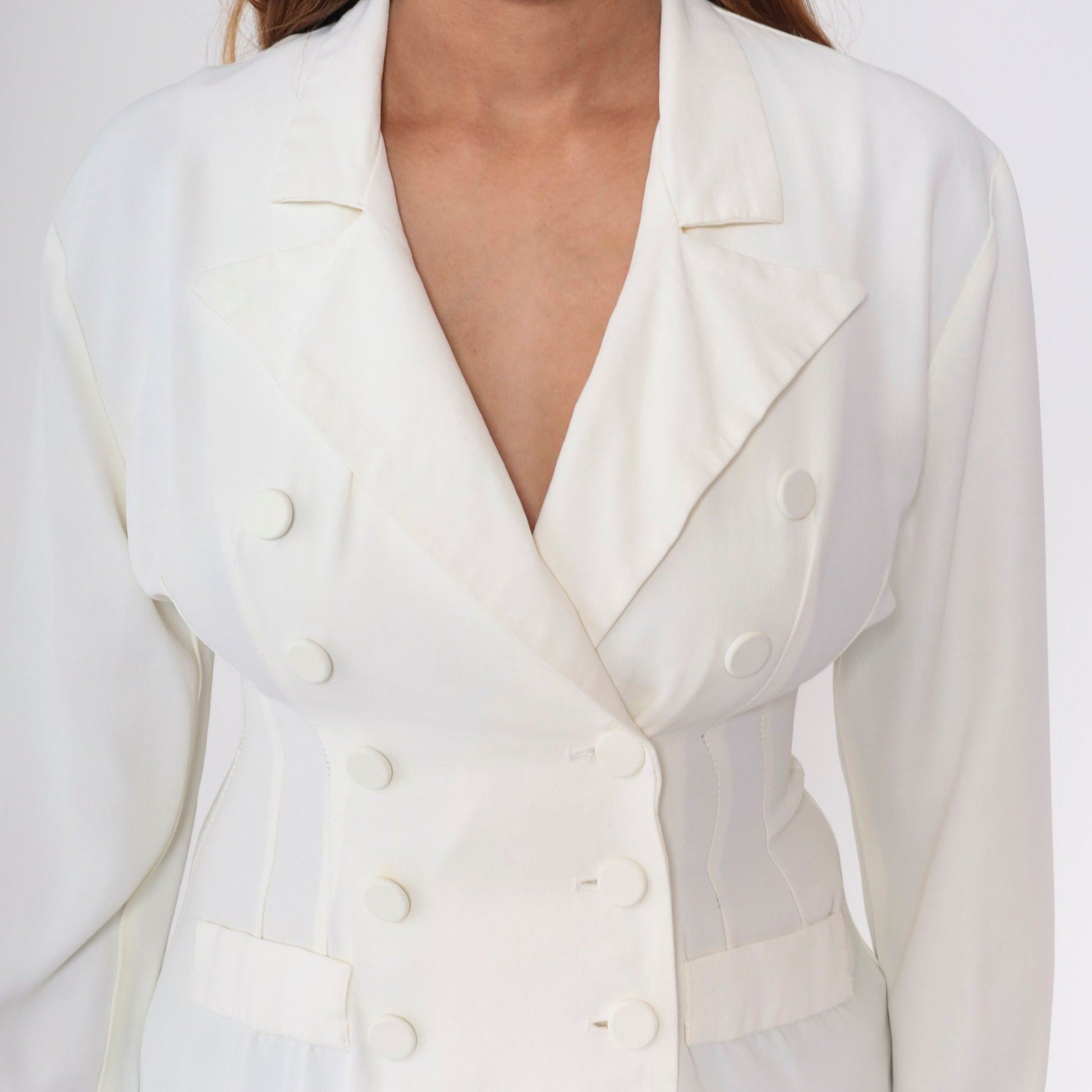 90s White Double Breasted Blazer Peak Lapel Princess Seam Small S