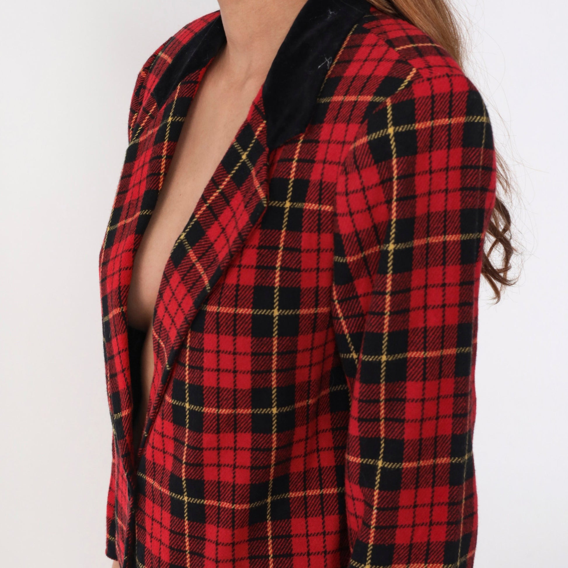 90s Red Plaid Wool Blazer Black Velvet Collar Button-Up Jacket Medium Petite