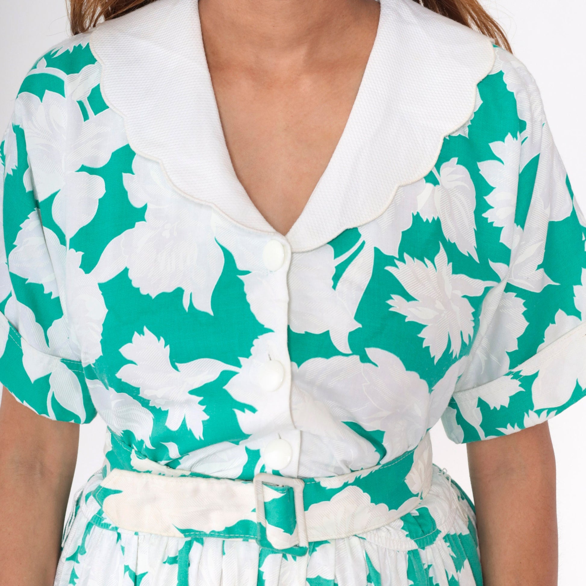 80s Leslie Fay Floral Midi Shirtdress Green White Scalloped Collar Belted Large