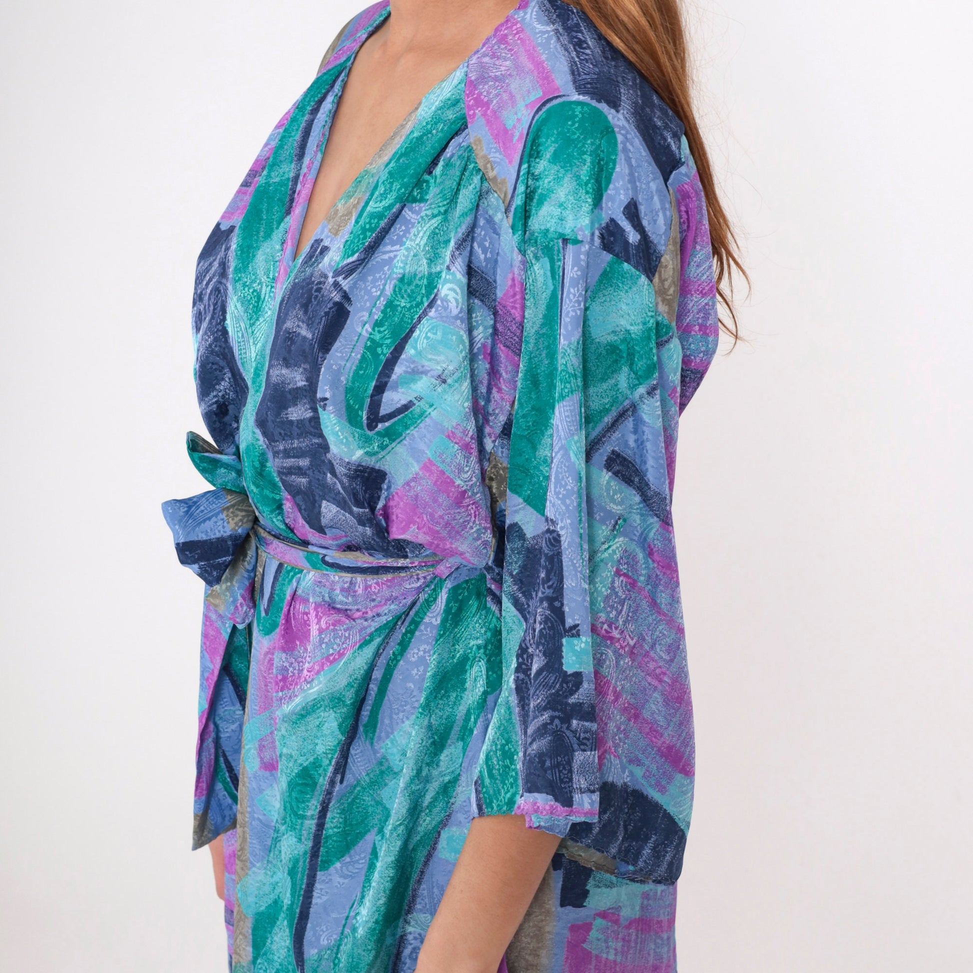 90s Brushstroke Paisley Kimono Robe Mini Purple Blue Small