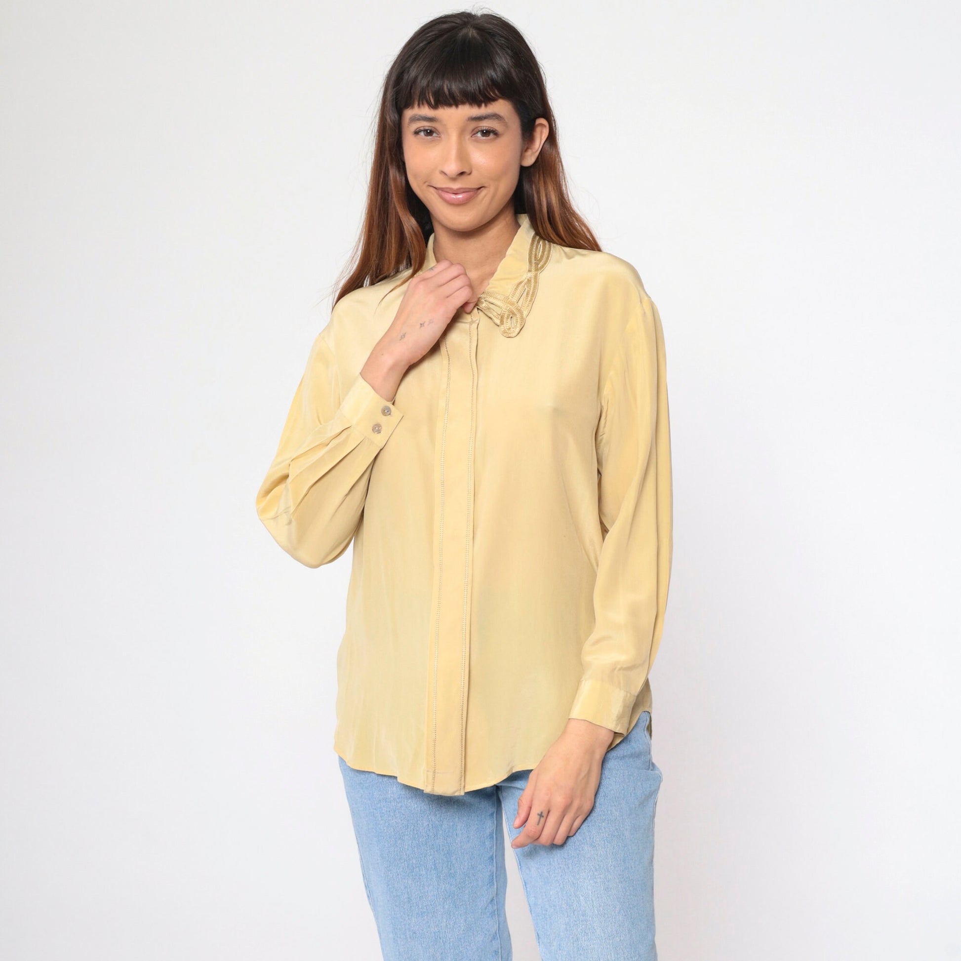 90s Rafaella Silk Cutwork Blouse Yellow Long Sleeve Hidden Button Small