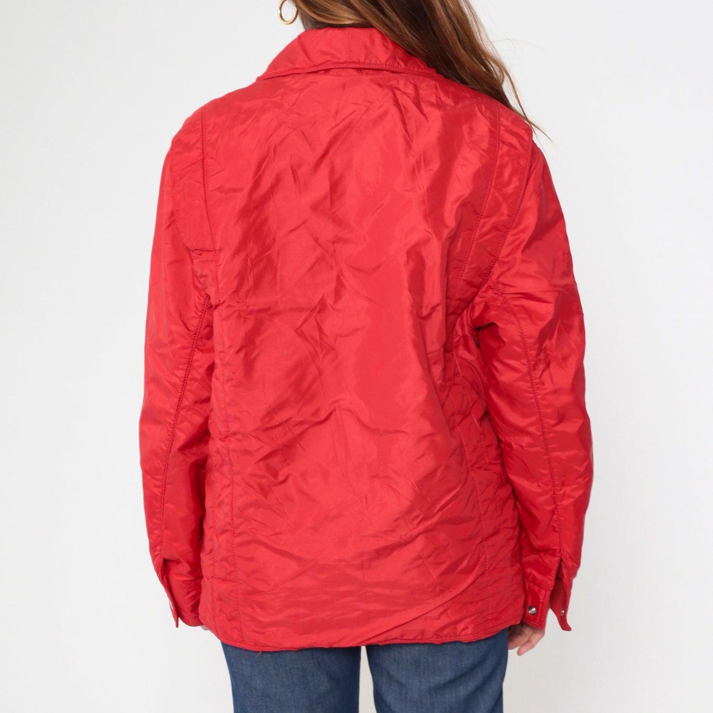 80s Red Ski Puffer Jacket Blue White Stripe Chest Pocket Nylon Large
