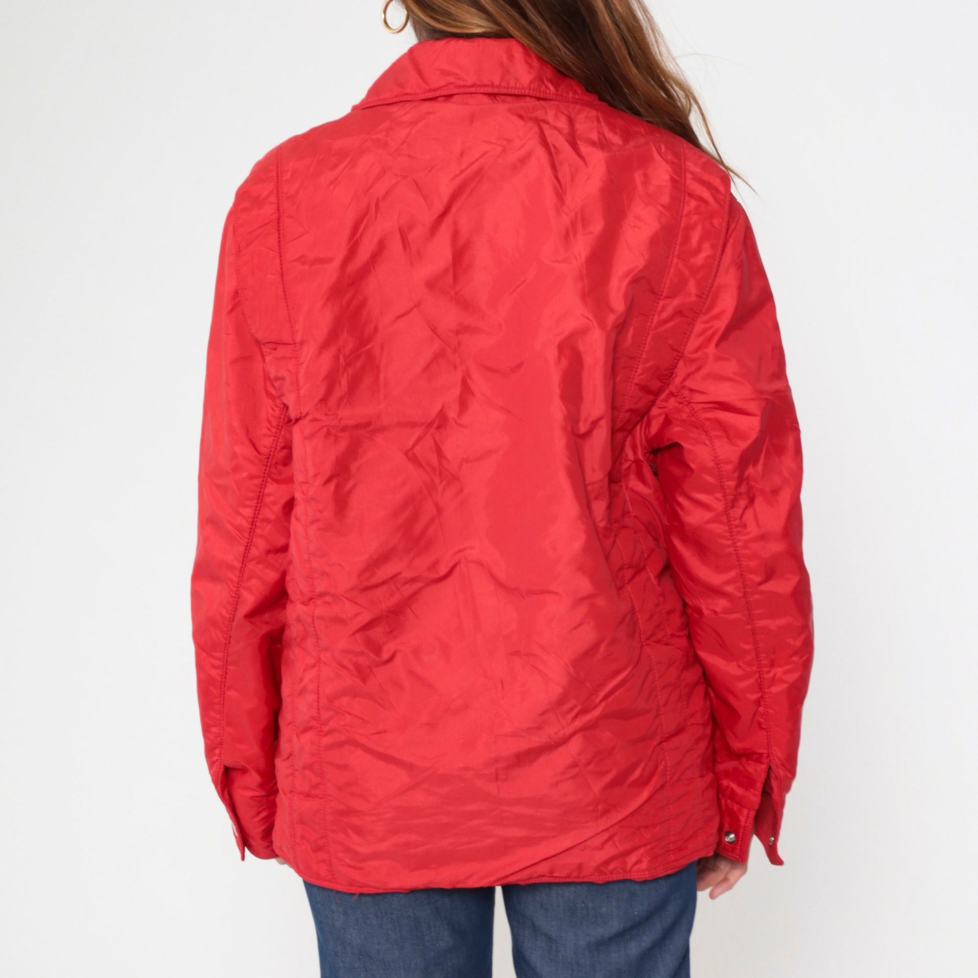 80s Red Ski Puffer Jacket Blue White Stripe Chest Pocket Nylon Large