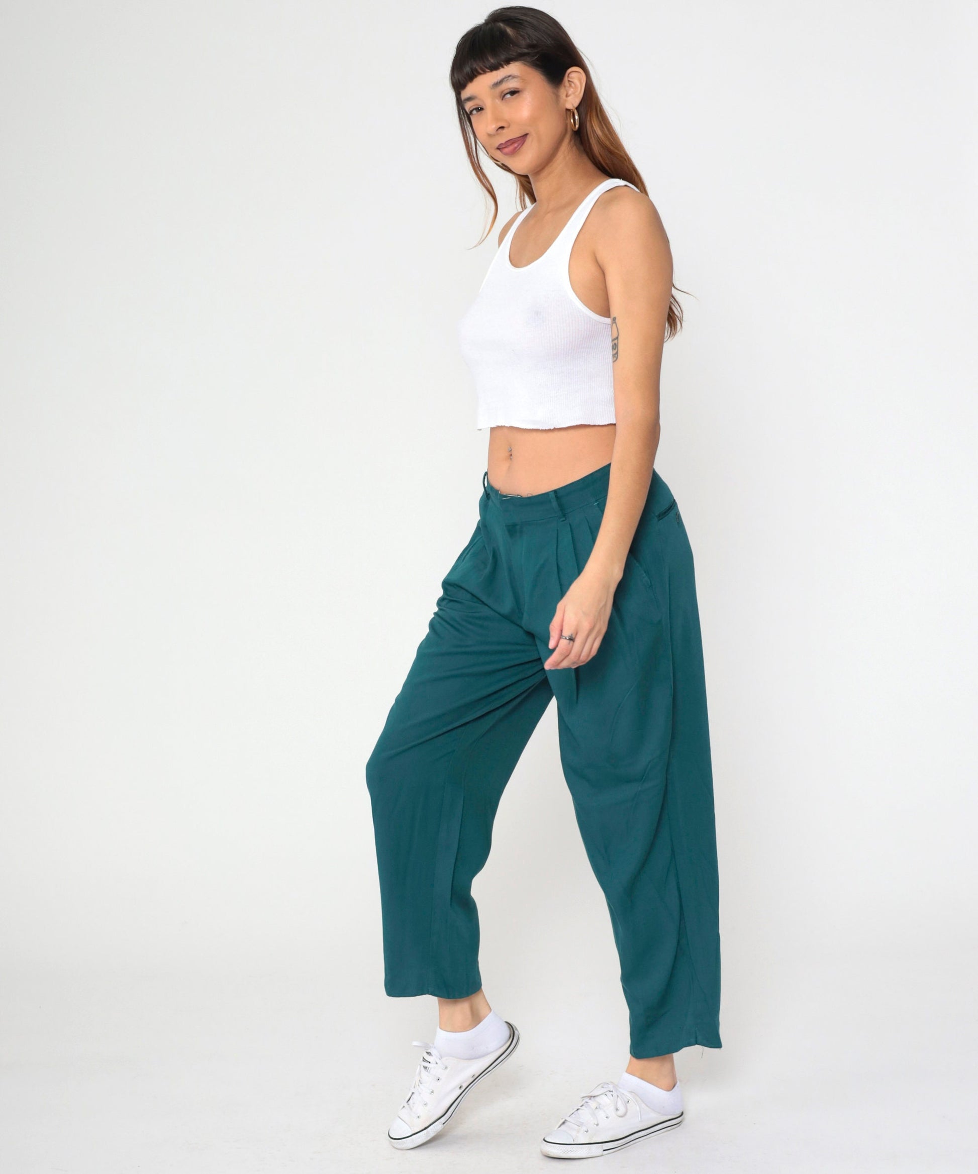 00s Michael James Emerald Green Pleated Trousers Straight Tapered Leg Large