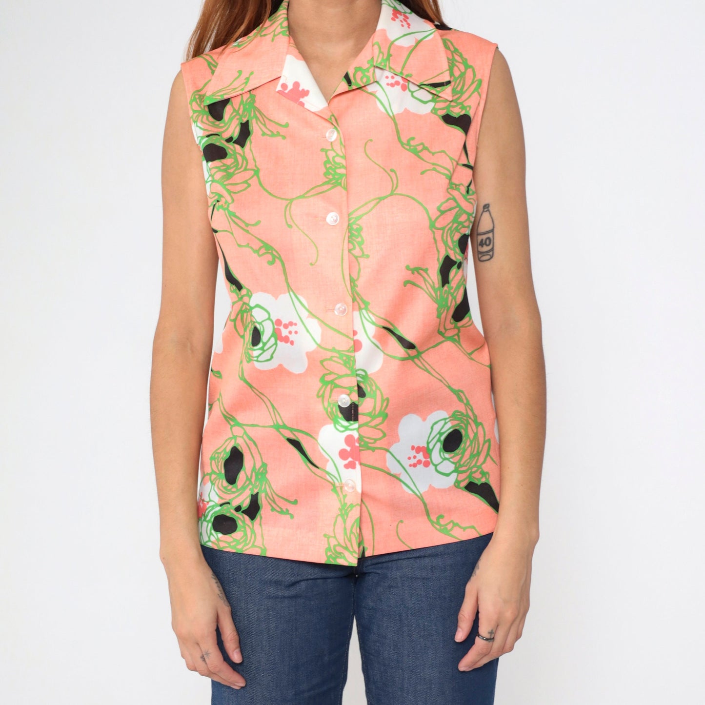70s Pink Floral Tank Top Wing Collar Button-Up Sleeveless Blouse Medium