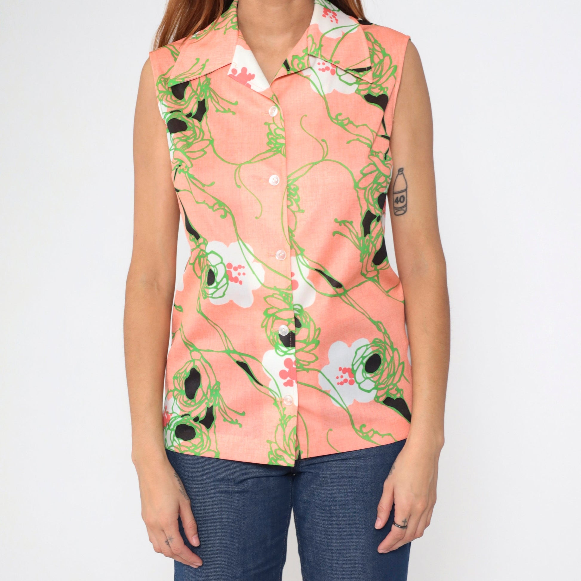 70s Pink Floral Tank Top Wing Collar Button-Up Sleeveless Blouse Medium