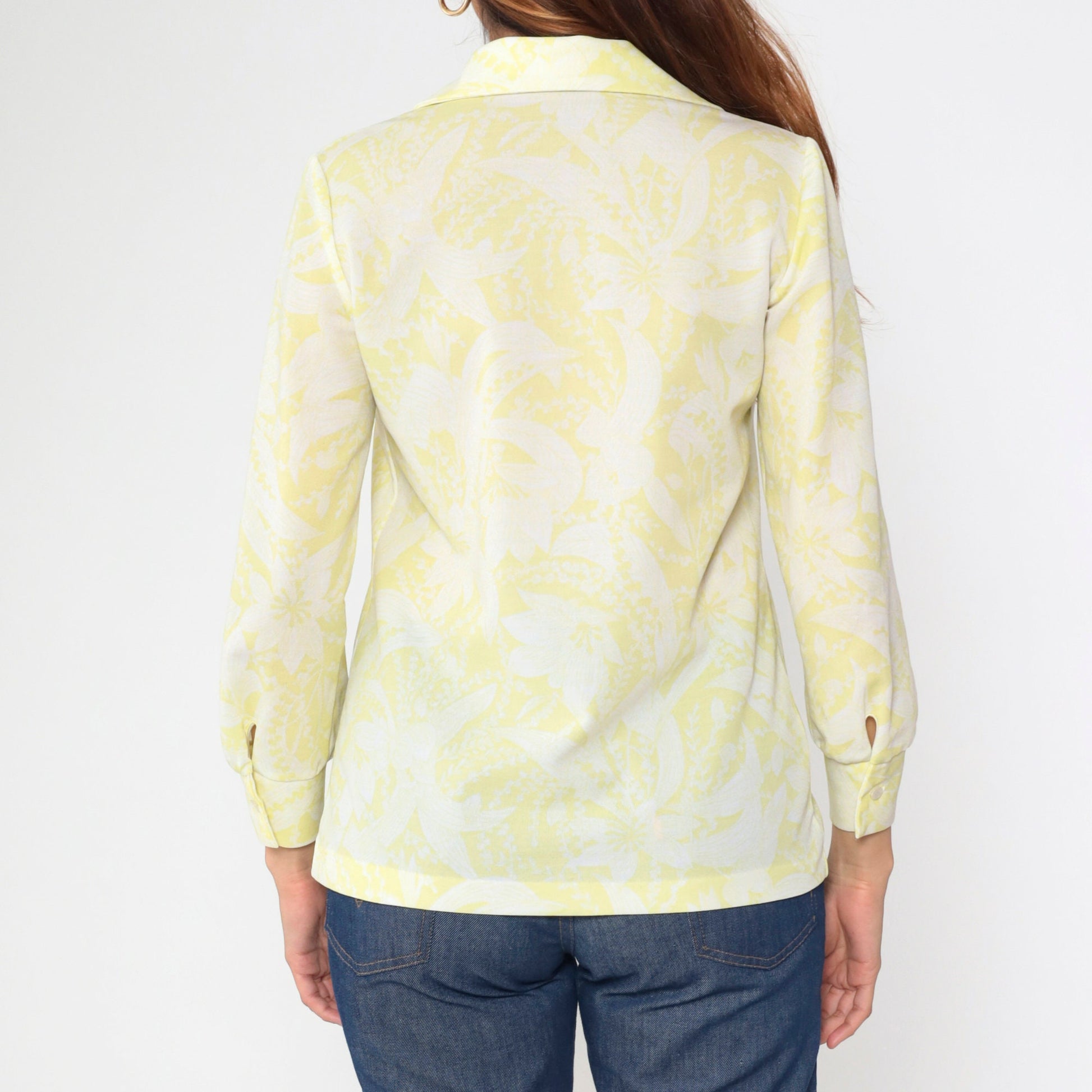 70s Floral Button-Up Blouse Yellow White Abstract Flower Print Wing Collar Medium