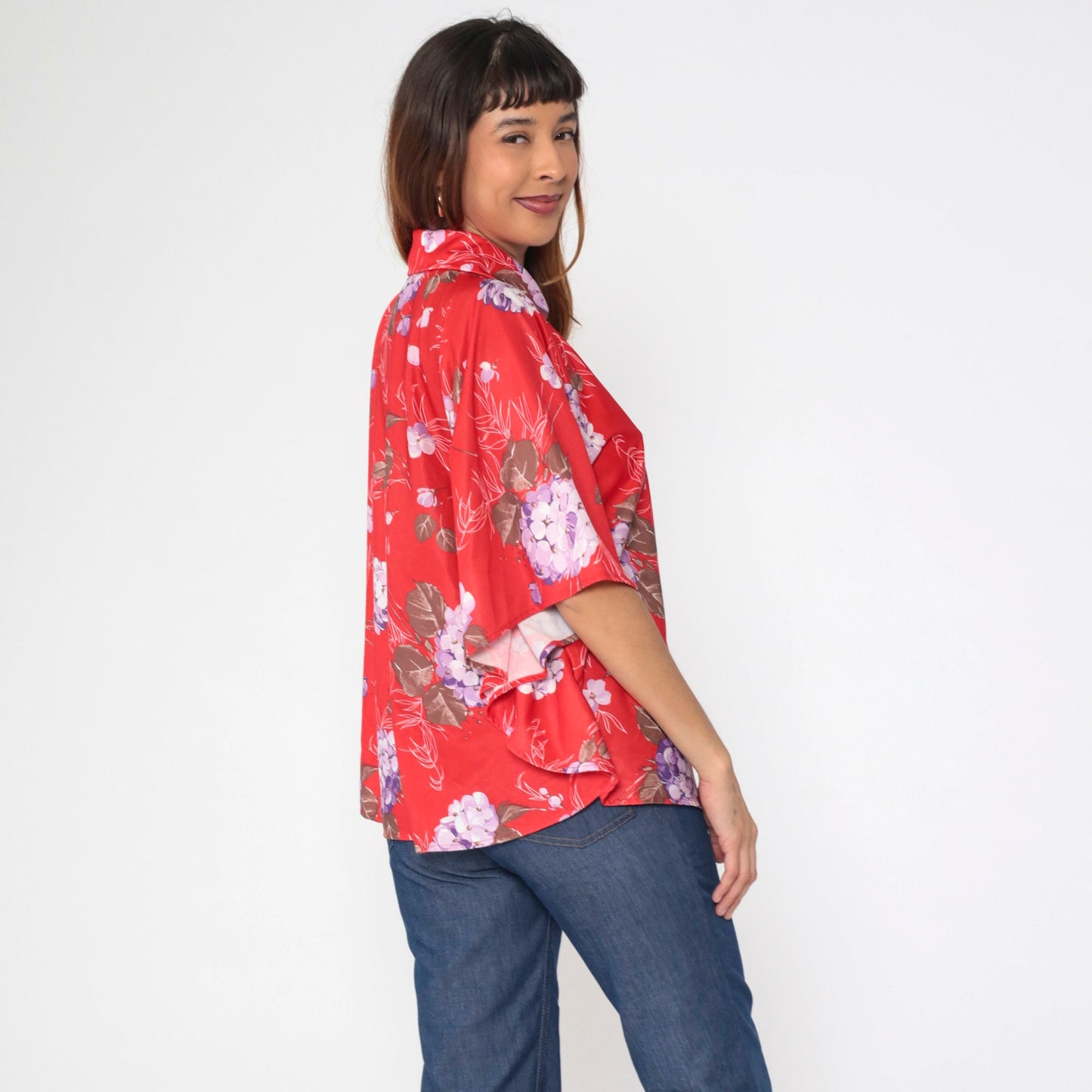 70s Jaylan of California Red Floral Zip Blouse Angel Sleeve Medium Large