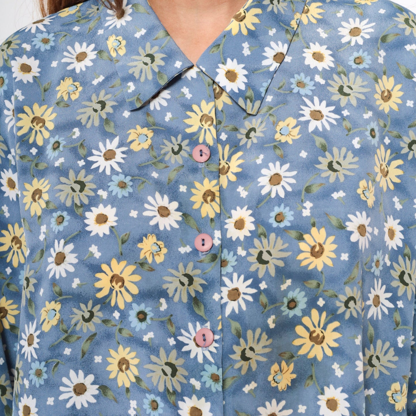 90s Blue Floral Button-Up Blouse Long Sleeve Collared Shirt Extra Large XL