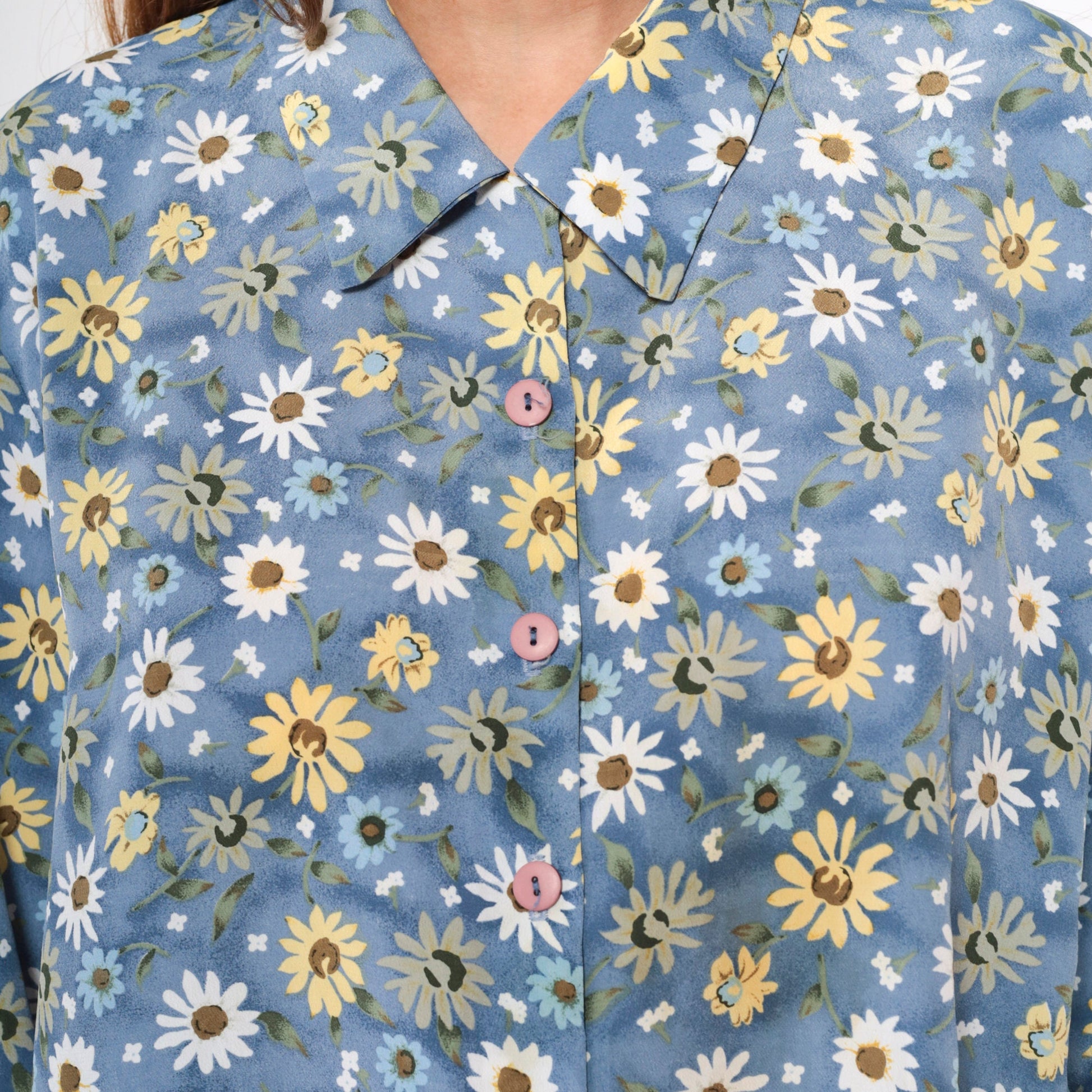 90s Blue Floral Button-Up Blouse Long Sleeve Collared Shirt Extra Large XL