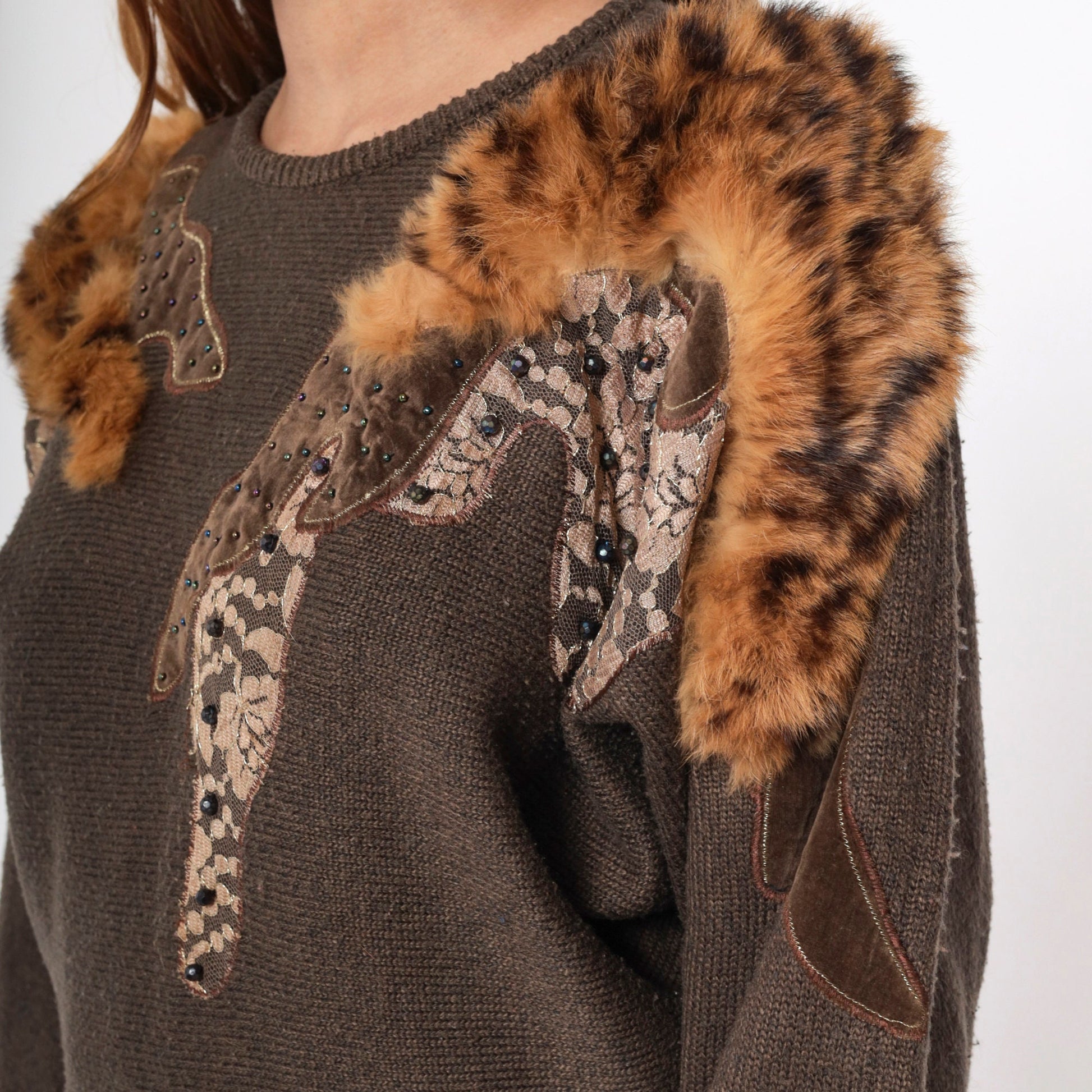 80s Brown Beaded Faux Fur Knit Sweater Dolman Sleeve Crewneck Medium