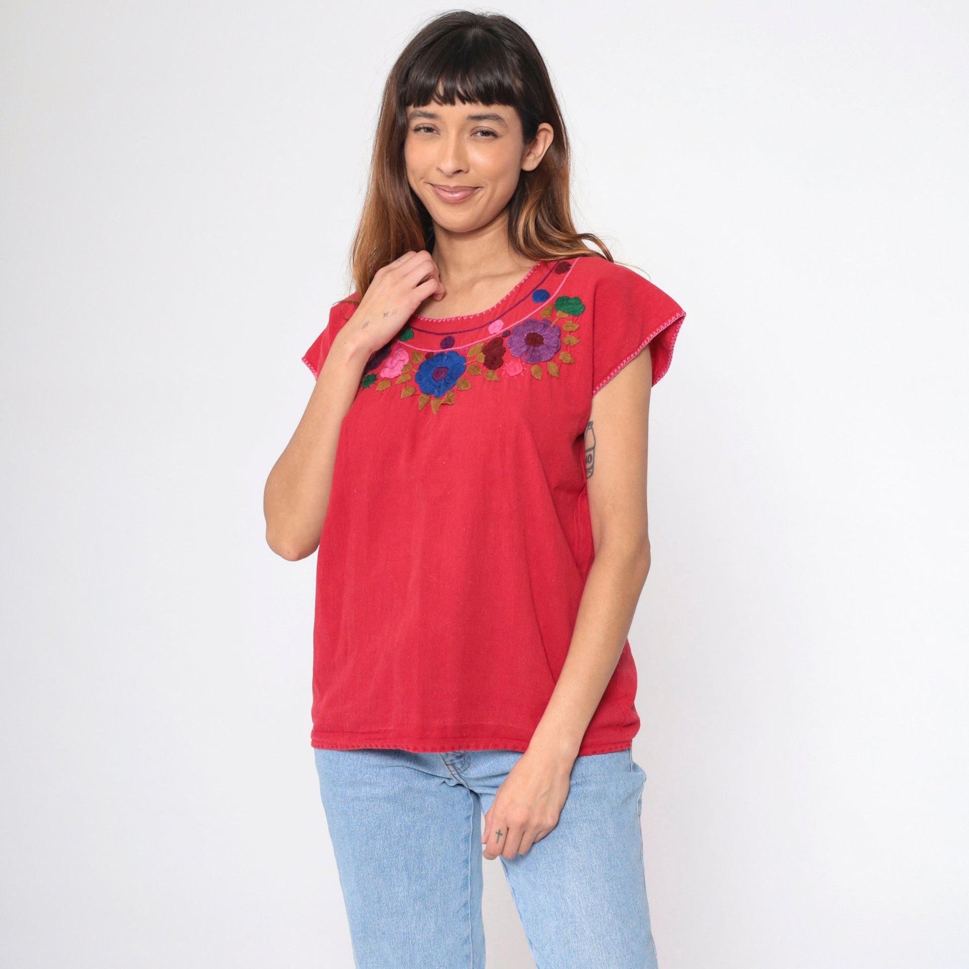 90s Mexican Embroidered Floral Blouse Red Short Sleeve Medium