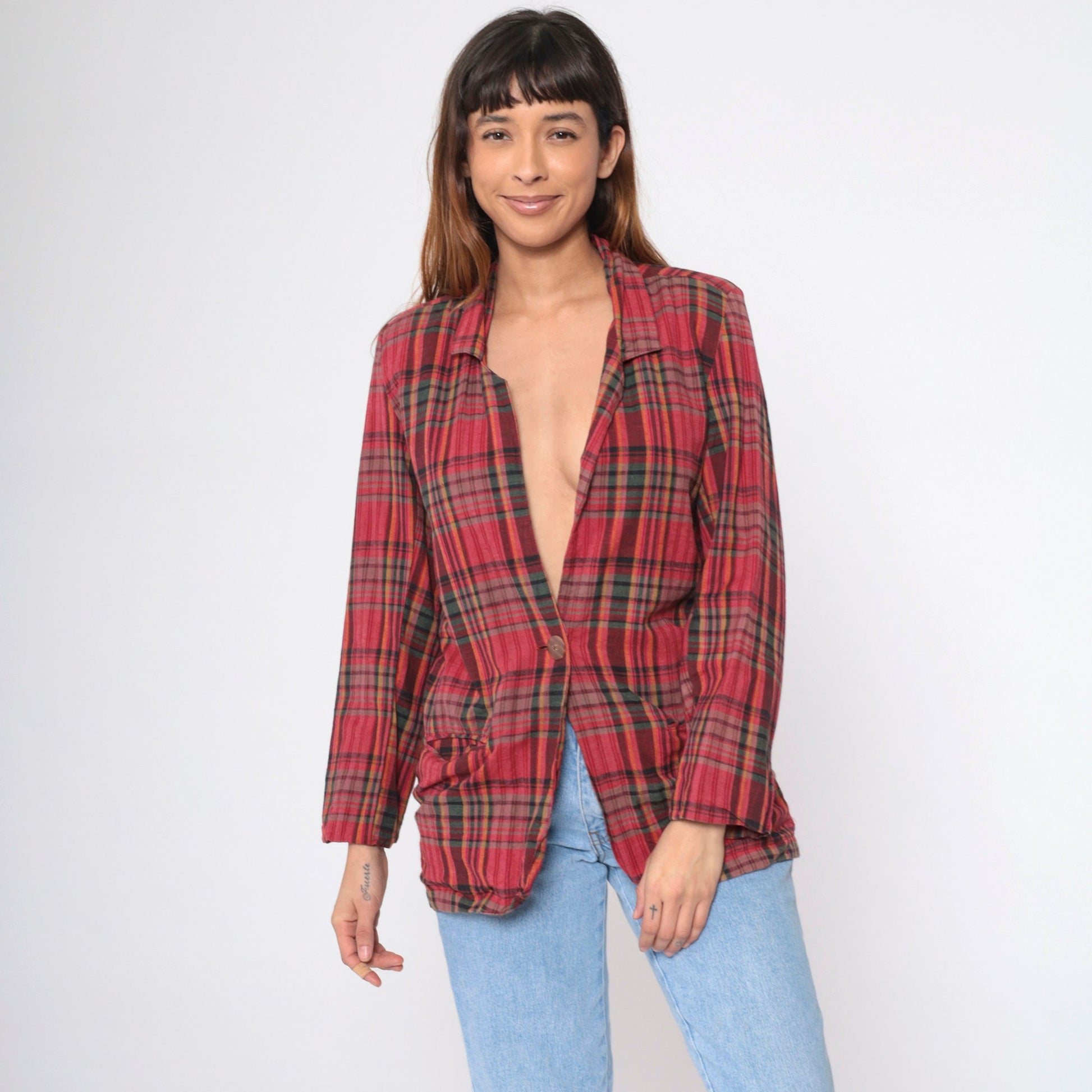 90s Red Plaid Cotton Blazer Deep V Neck Button Up Small