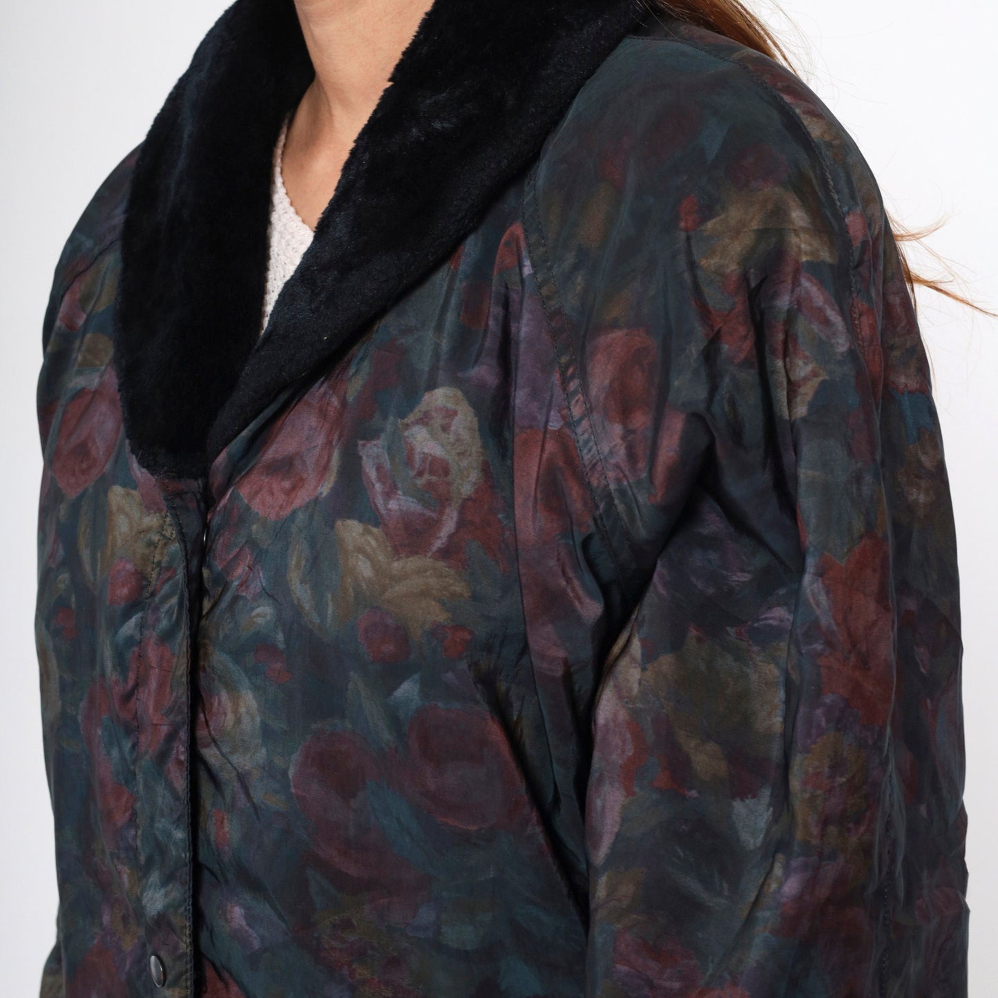 90s Aeros Puffer Jacket Floral Print Faux Fur Collar Windbreaker Large L