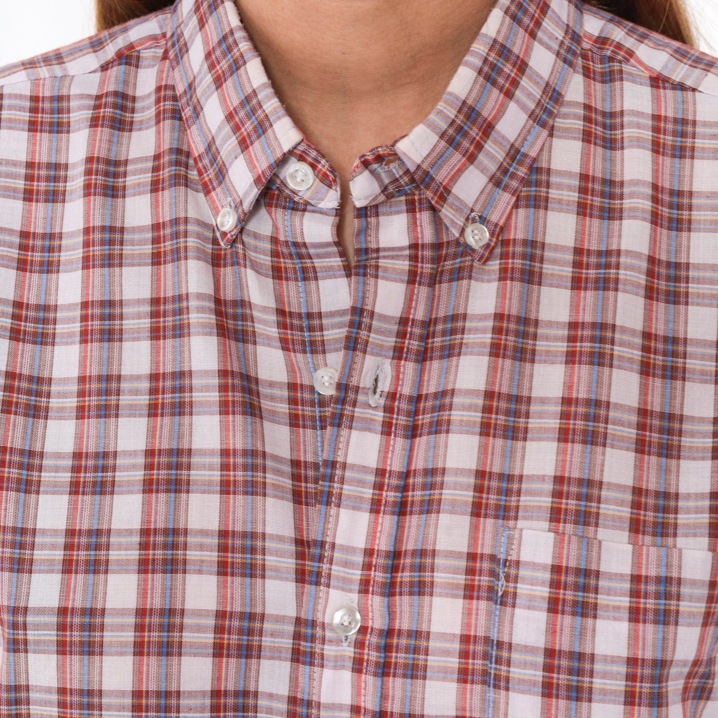 80s Grand Banks Plaid Button-Up Shirt Red White Brown Tartan Short Sleeve Large