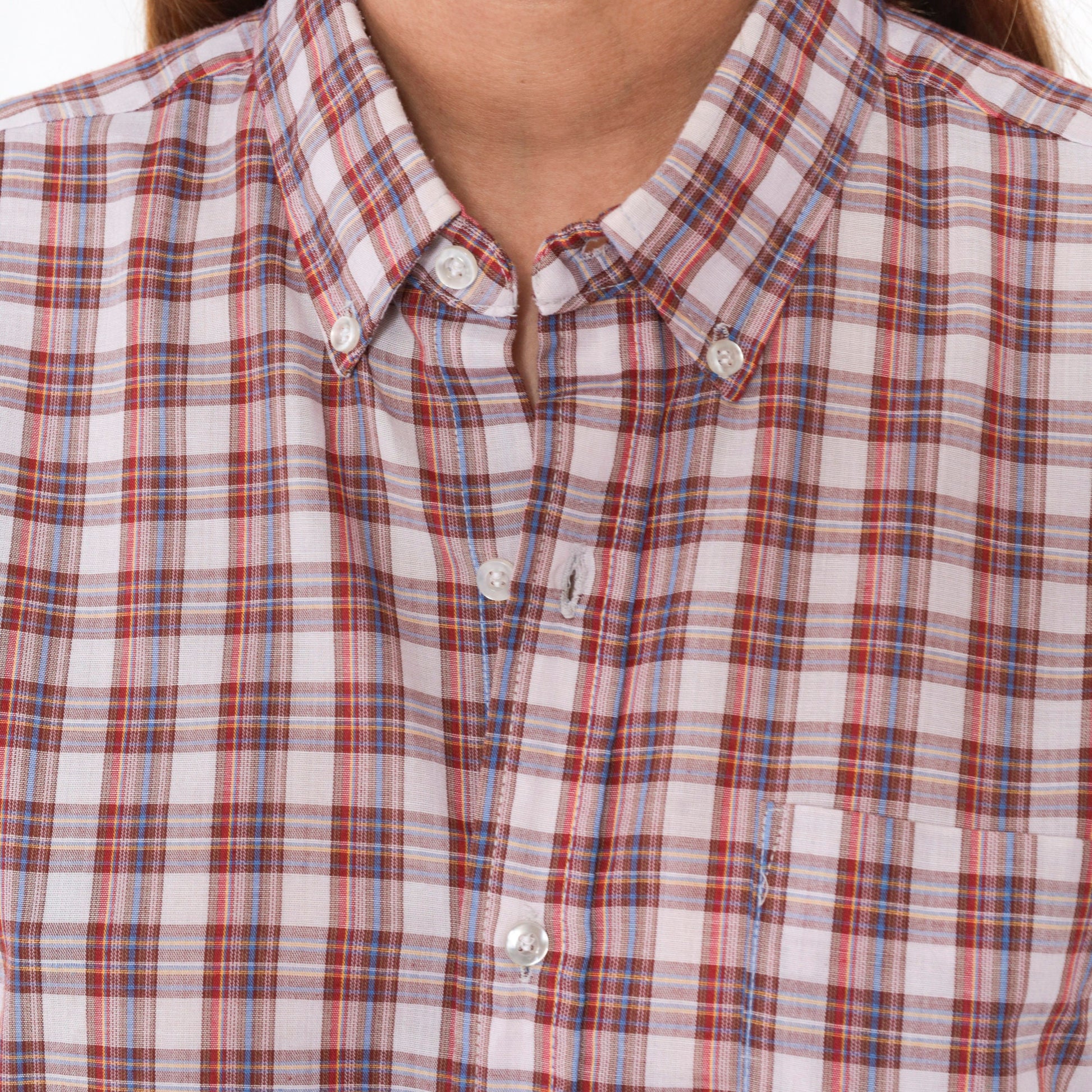 80s Grand Banks Plaid Button-Up Shirt Red White Brown Tartan Short Sleeve Large