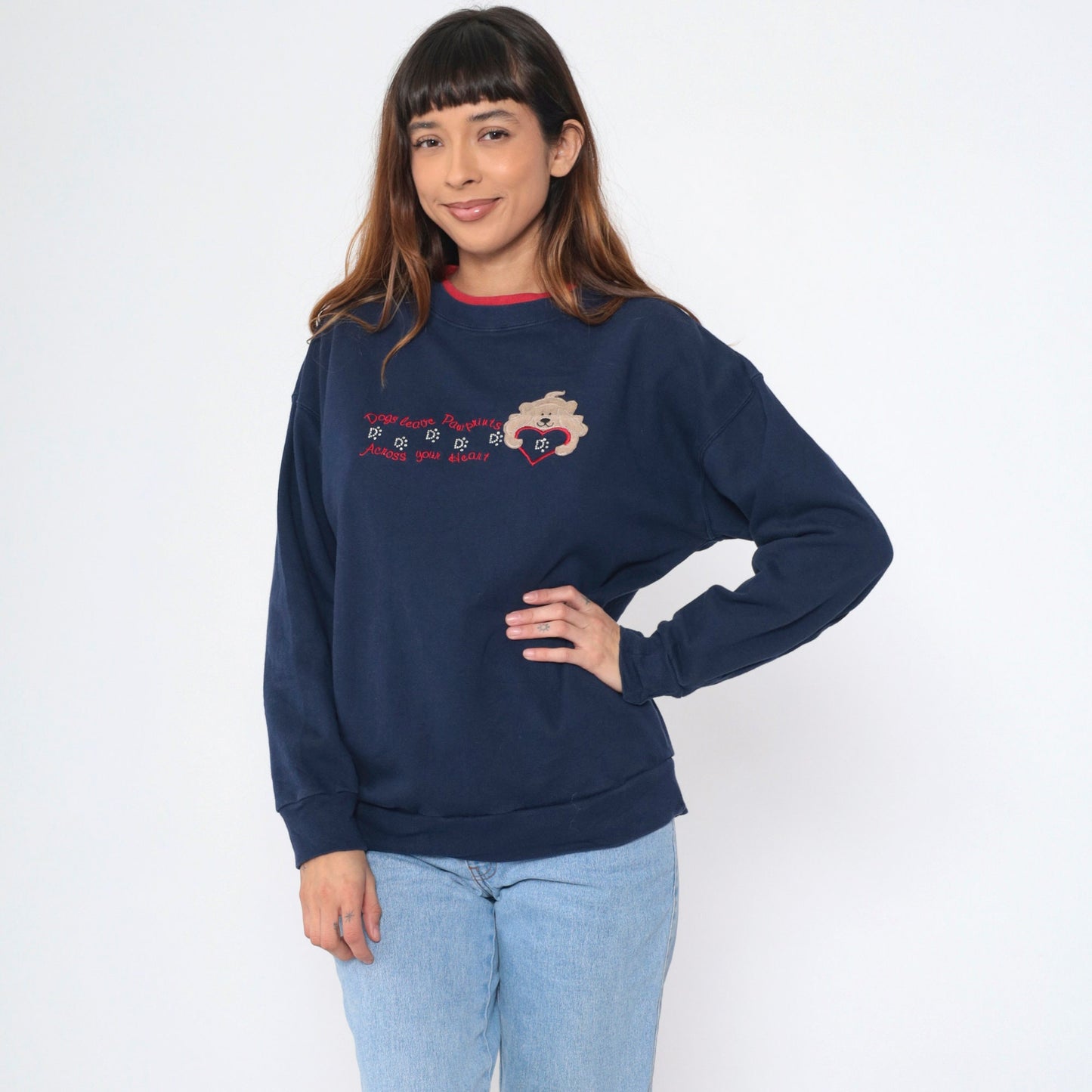 Y2K Dog Sweatshirt Navy Blue Rhinestone Embroidered Heart Pawprints Medium