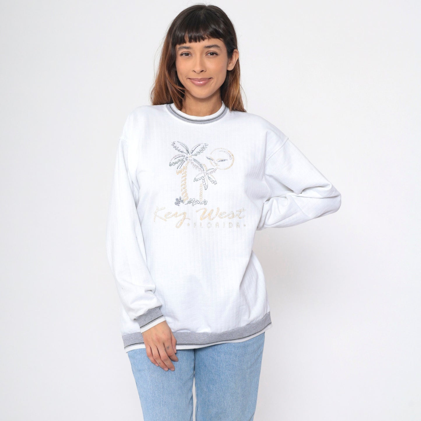 90s Key West Florida Sweatshirt White Graphic Beach Palm Ringer Large L