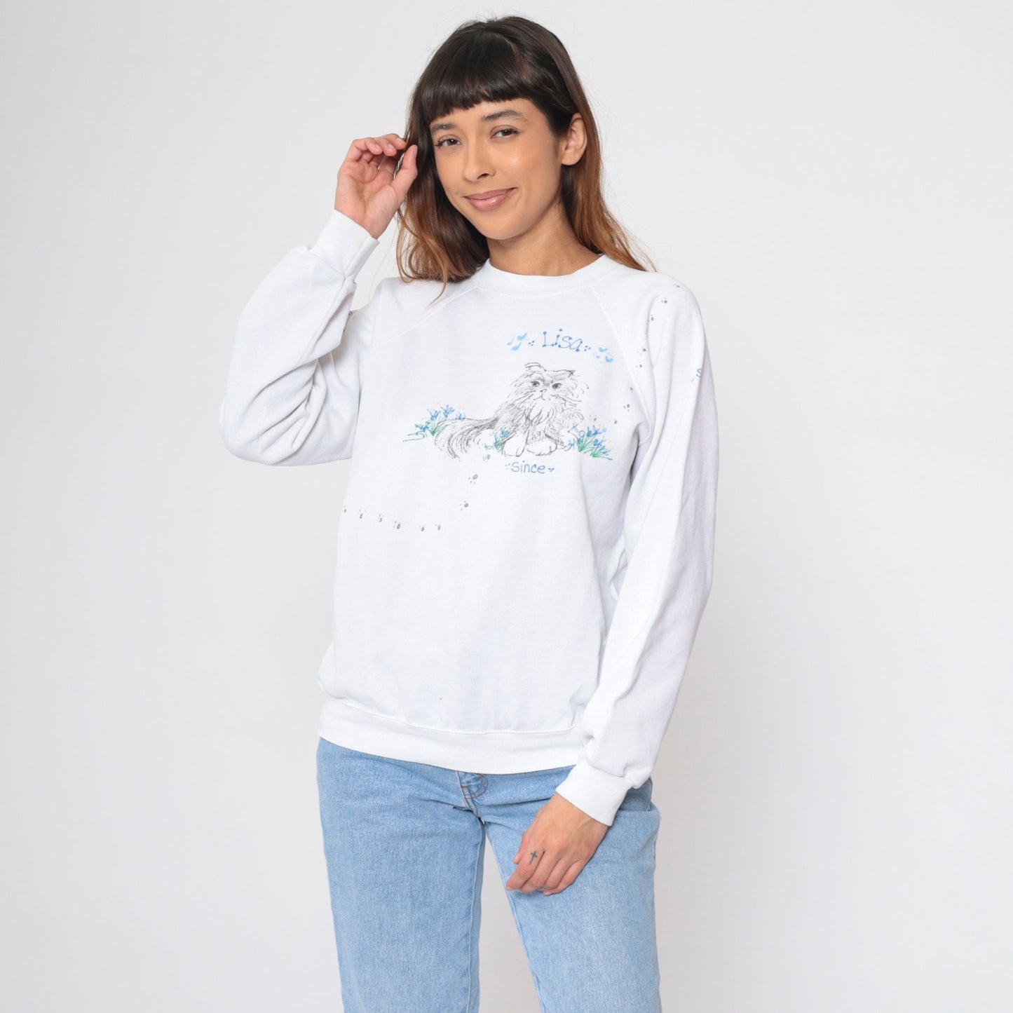 90s Hand Painted Cat Lisa Sweatshirt White Hanes Raglan Medium