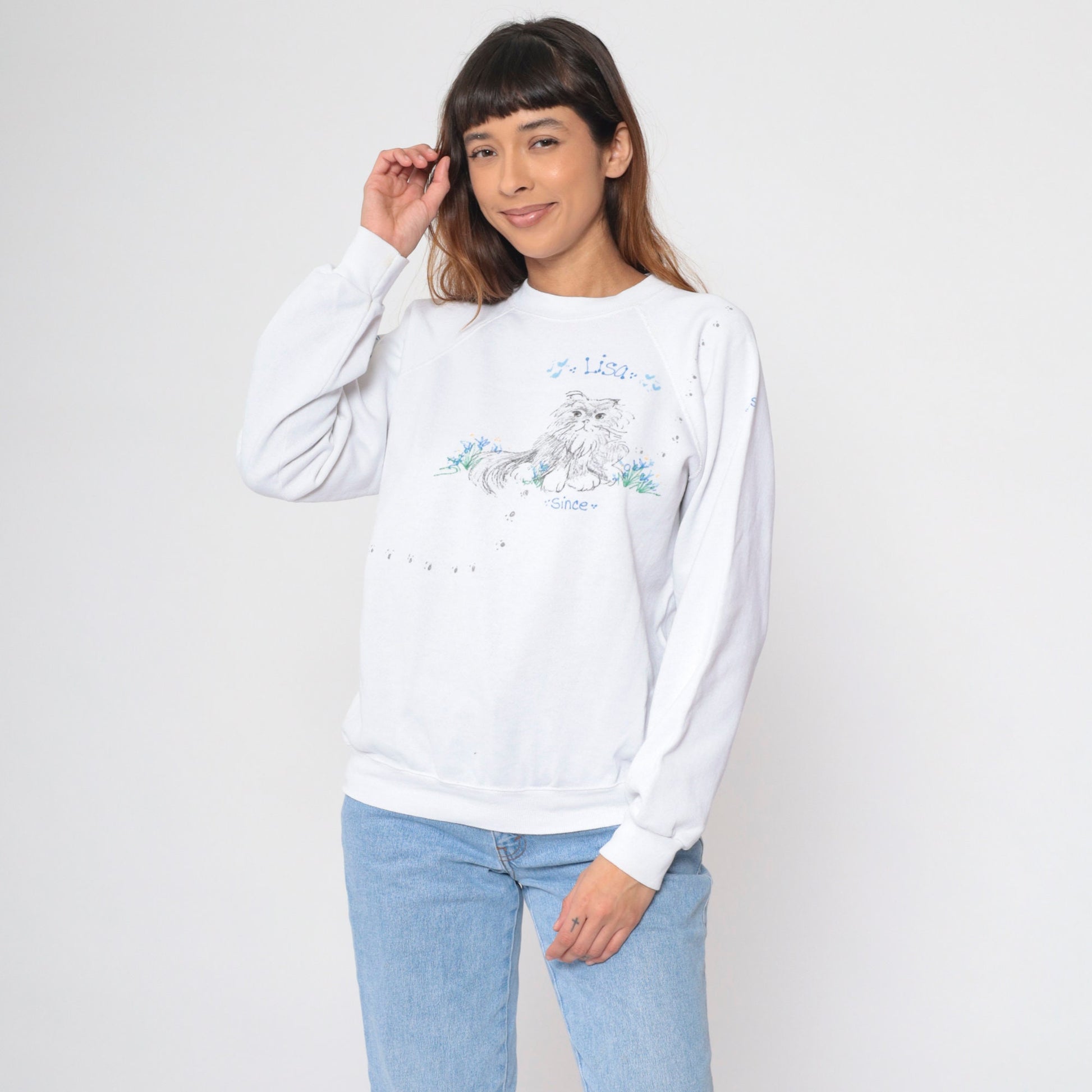 90s Hand Painted Cat Lisa Sweatshirt White Hanes Raglan Medium