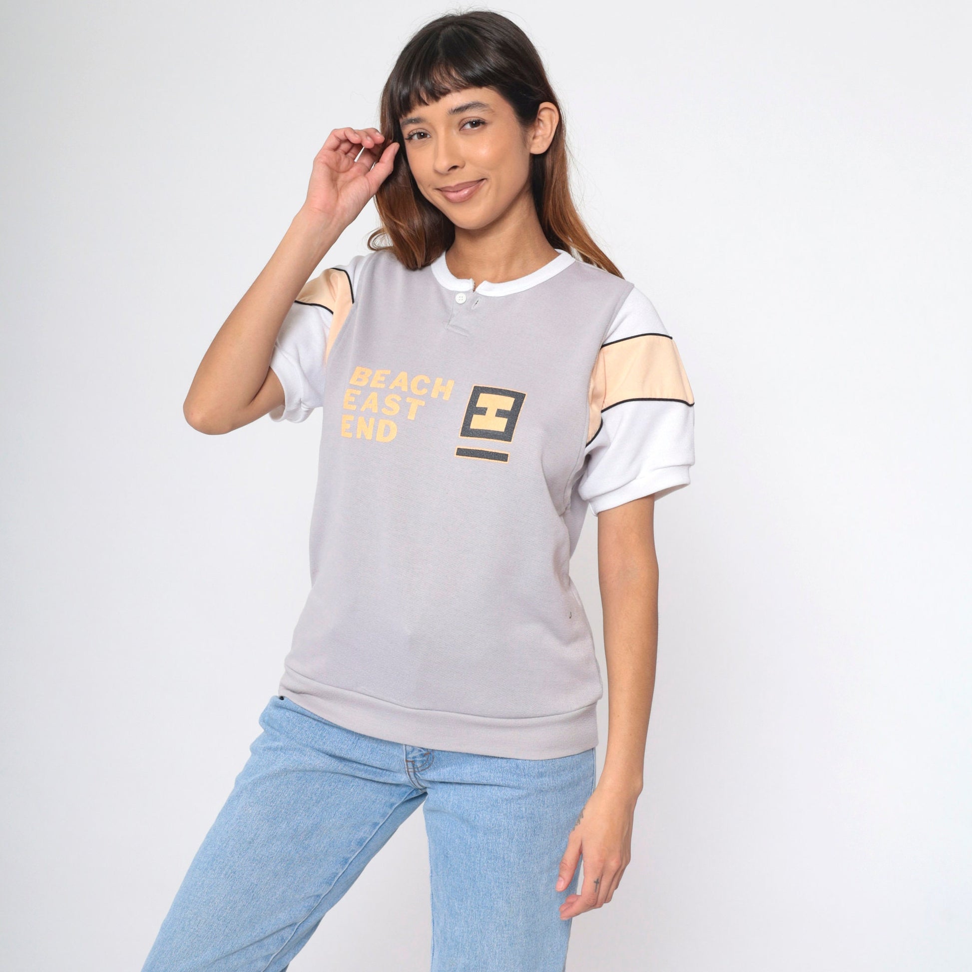 90s Beach East End Graphic Henley Shirt Grey Peach Striped Medium
