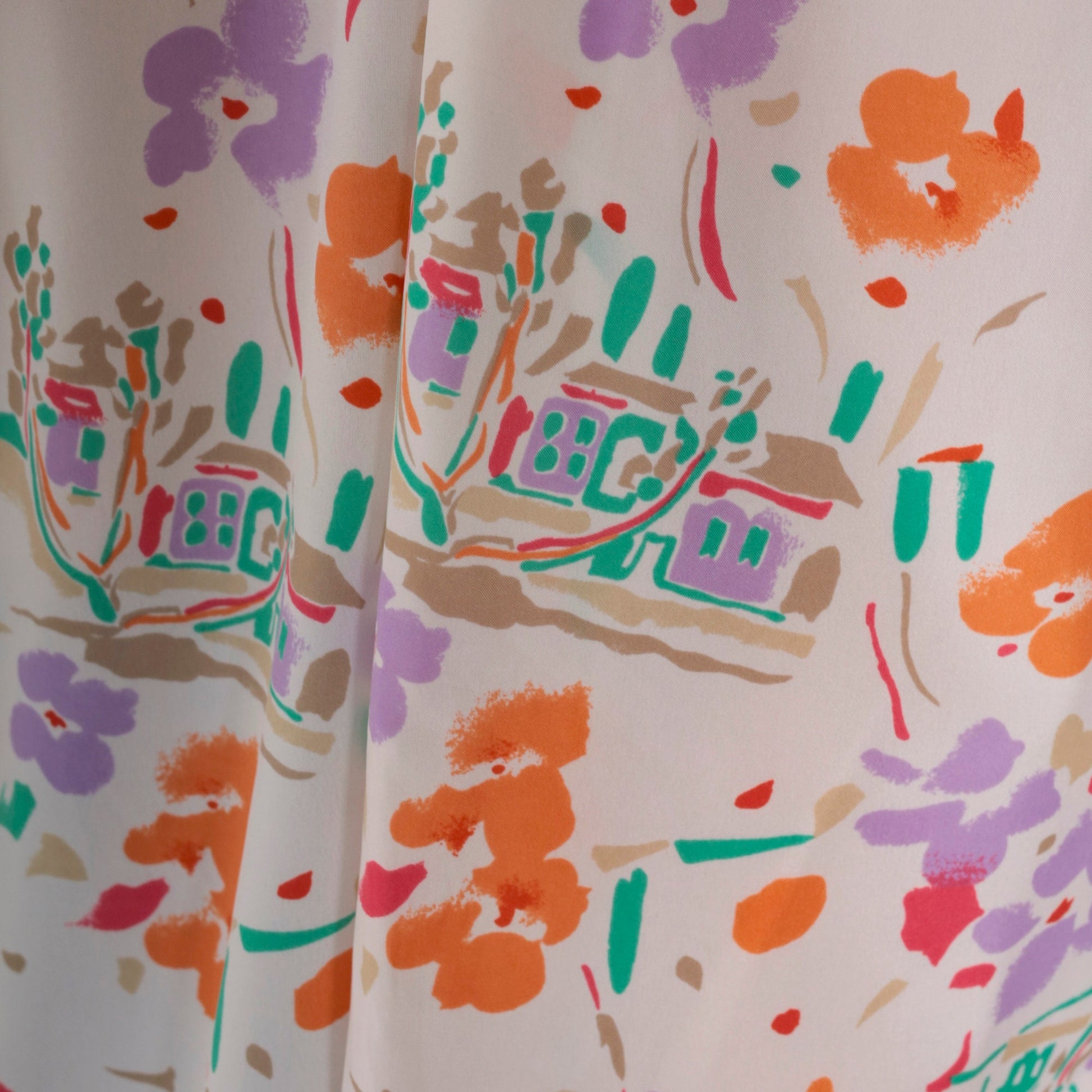 70s Floral Ascot Blouse Off-White Watercolor Print Puff Sleeve Button Up Medium Large