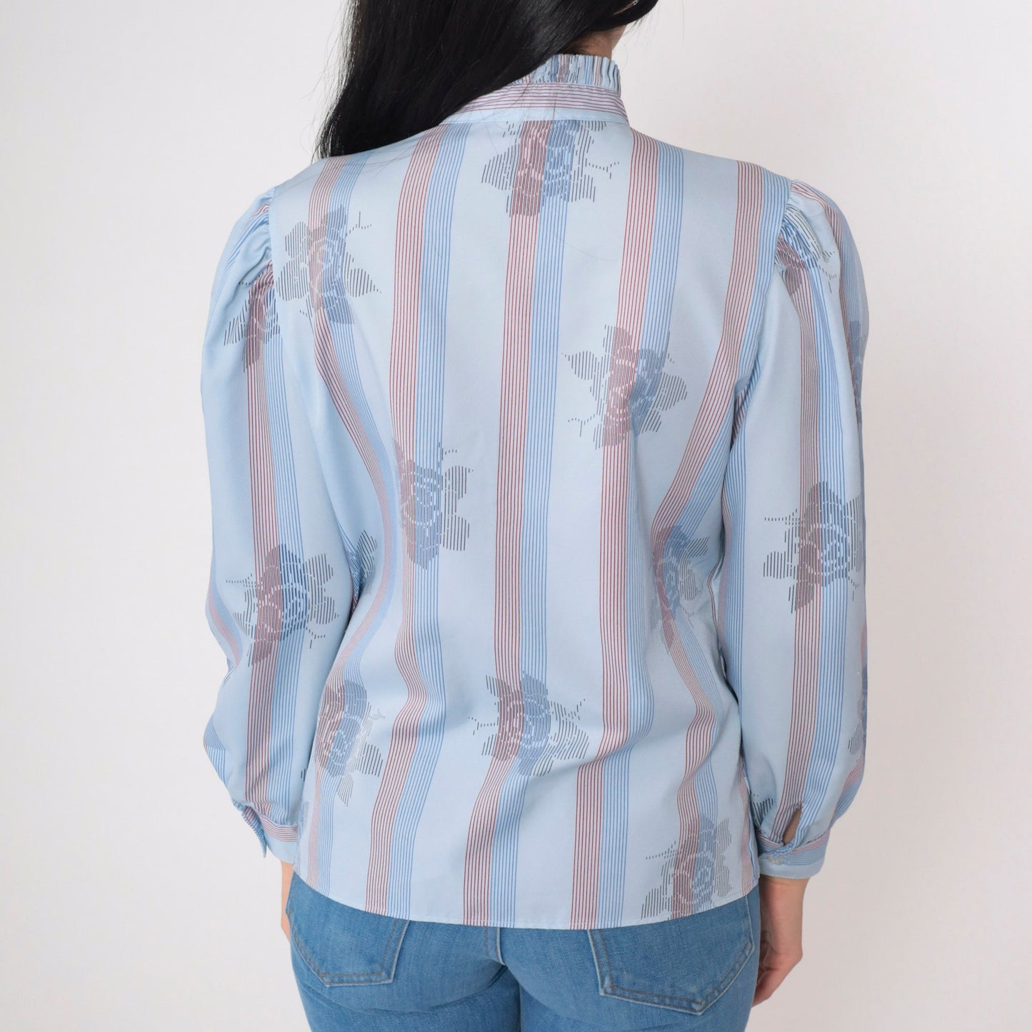 70s Blue Striped Floral Rose Button-Up Blouse High Pleated Neck Long Sleeve Medium M