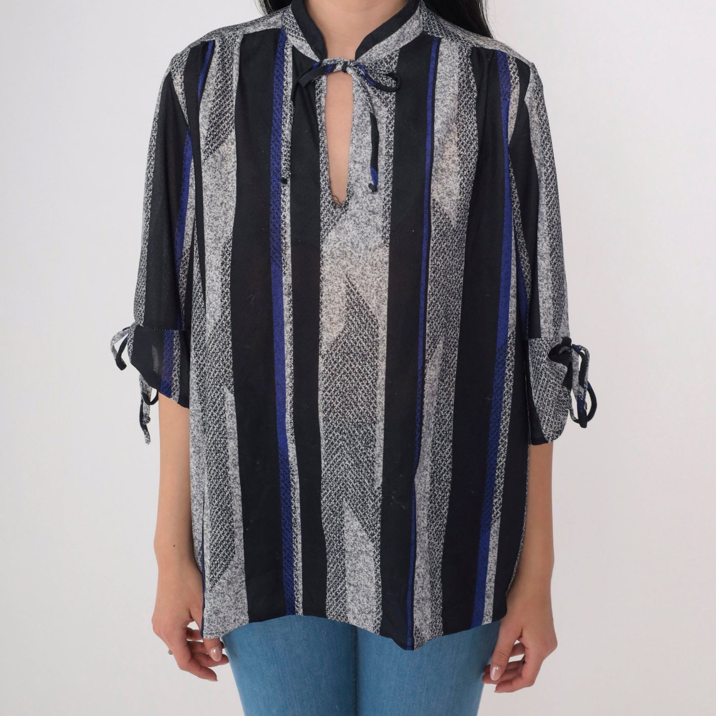 70s Striped Keyhole Blouse Tie Neck 3/4 Sleeve Black Blue Grey Extra Large