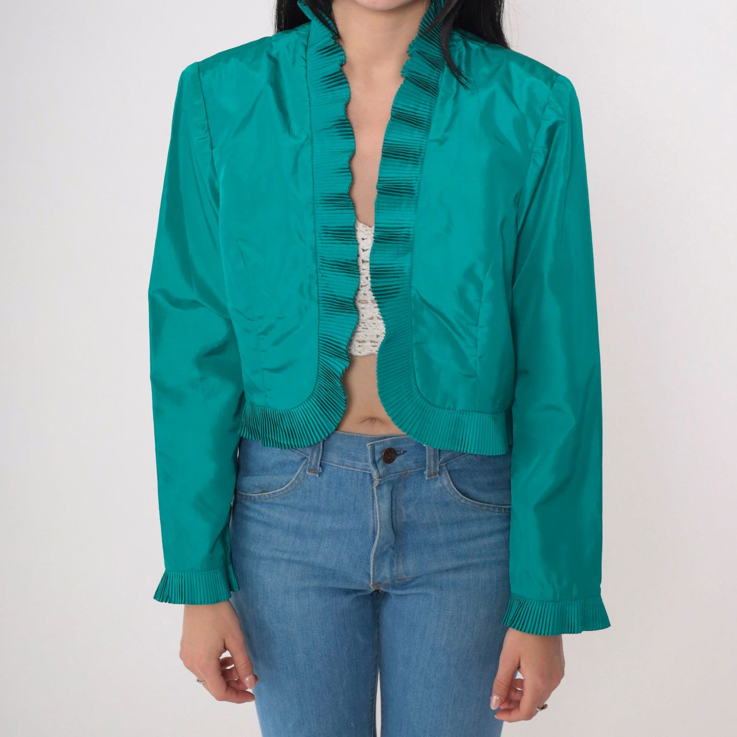 70s Miss Elliette Teal Cropped Jacket Open Front Knife Pleat Small
