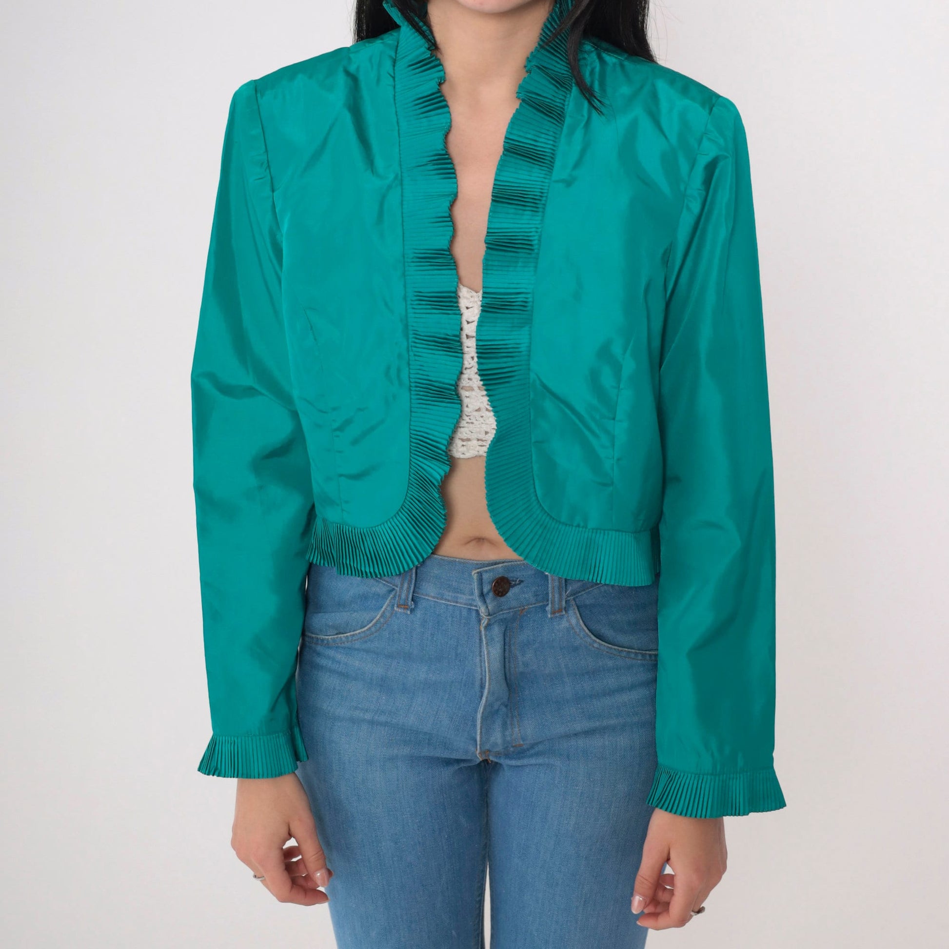 70s Miss Elliette Teal Cropped Jacket Open Front Knife Pleat Small