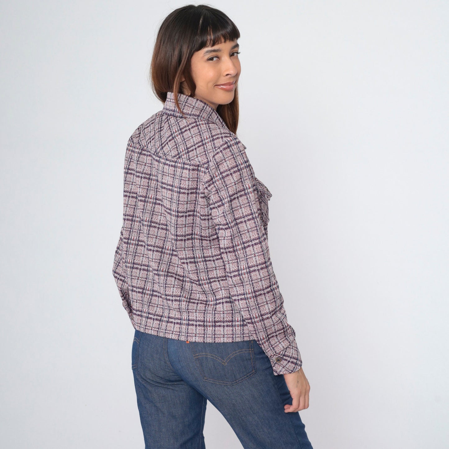 70s Act II Plaid Button-Up Shirt Red Blue Tartan Chest Pocket Medium