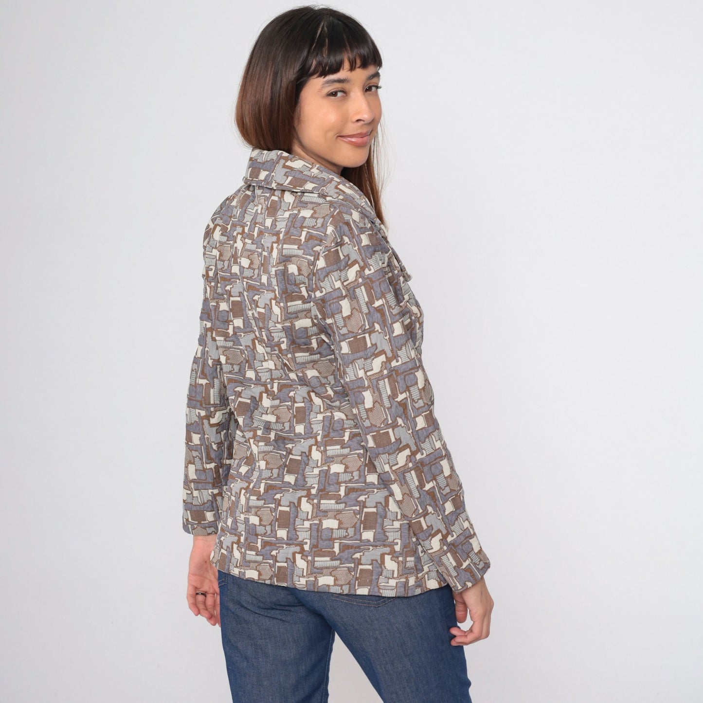 70s Geometric Tessellation Blazer Notched Collar Brown Grey White Medium