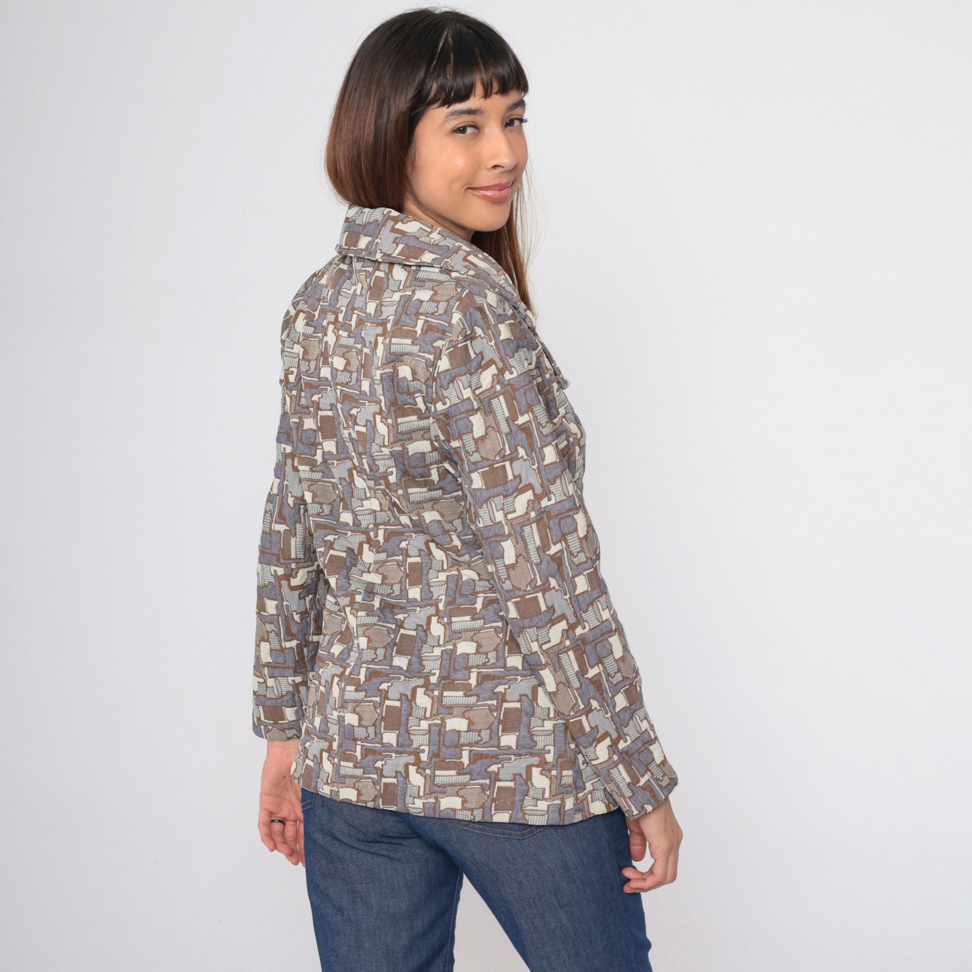 70s Geometric Tessellation Blazer Notched Collar Brown Grey White Medium